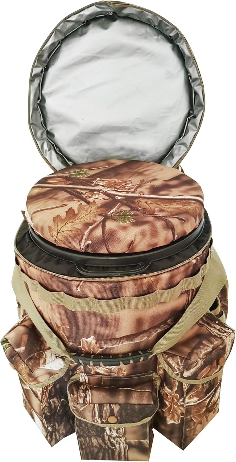 AUSCAMOTEK Insulated Bucket Backpack with 360° Swivel Lid – Camo Cooler Backpack with 5-Gallon Bucket for Hunting, Fishing, Camping, Outdoor Sports – Woodland Camo