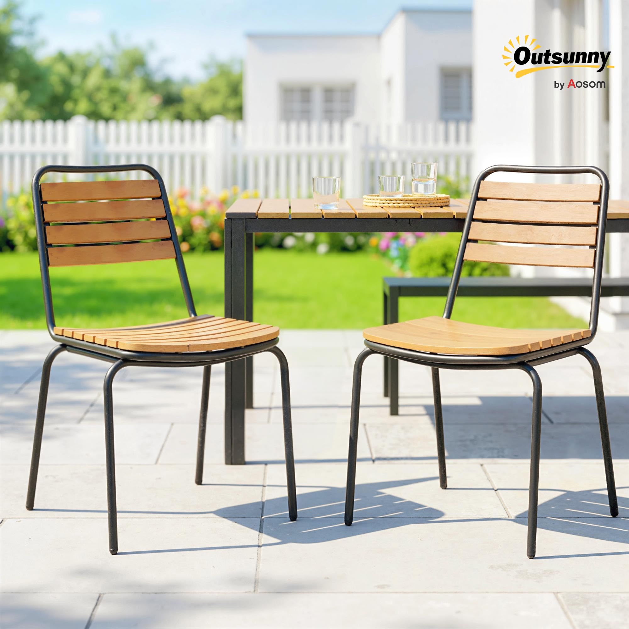 Outsunny Lot de 2 Chaises de Jardin Empilables, Assise et Dossier en Bois Massif à Lattes, Structure en Acier, Chaises d'Extérieur pour Terrasse Balcon Bistro, 61x47x81cm, Naturel