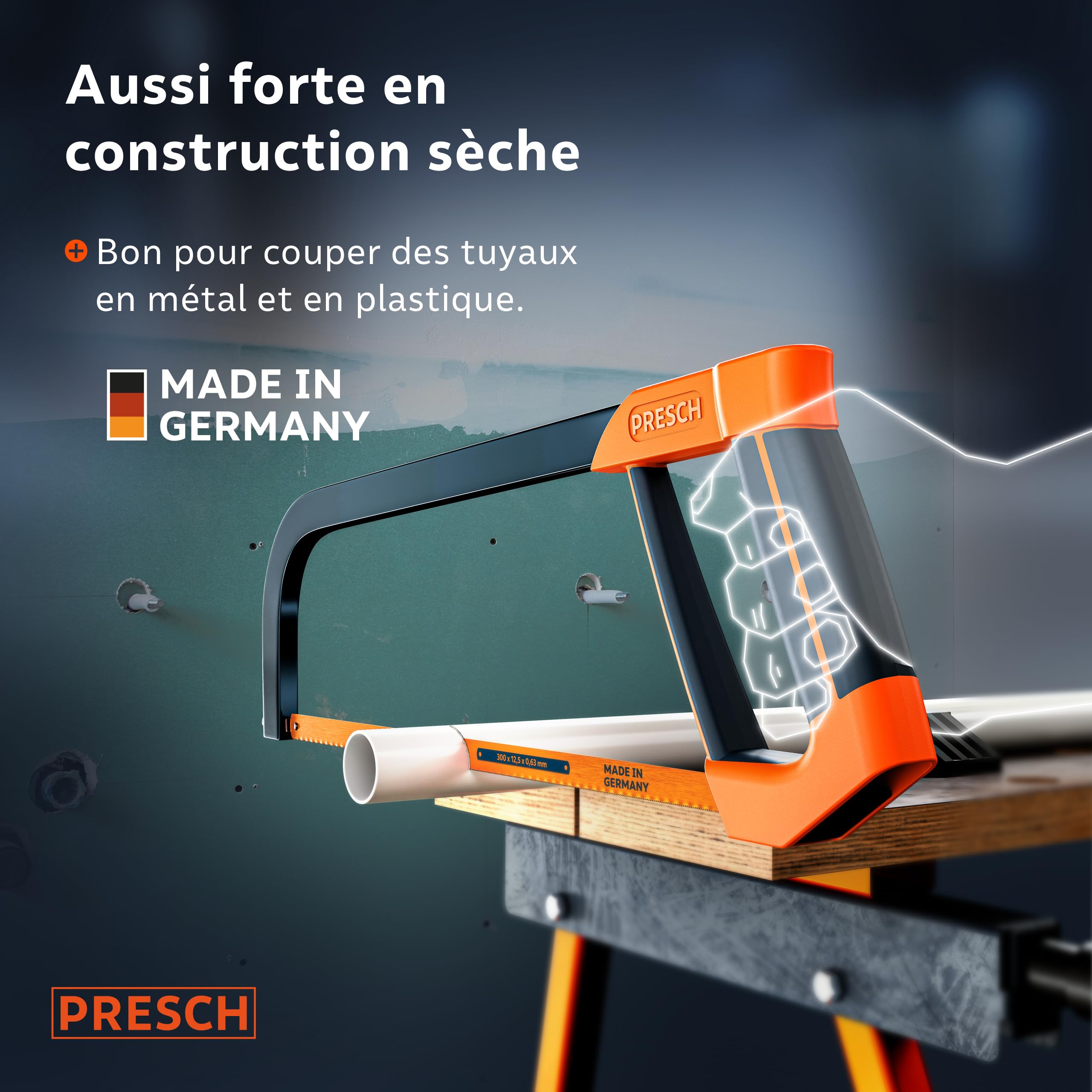 Presch Scie à métaux 300mm - Avec lame de scie BI-métal pour une coupe précise - Rotation de 90° de la lame de scie pour des coupes horizontales & verticales - Poignée avec clé de tension incluse
