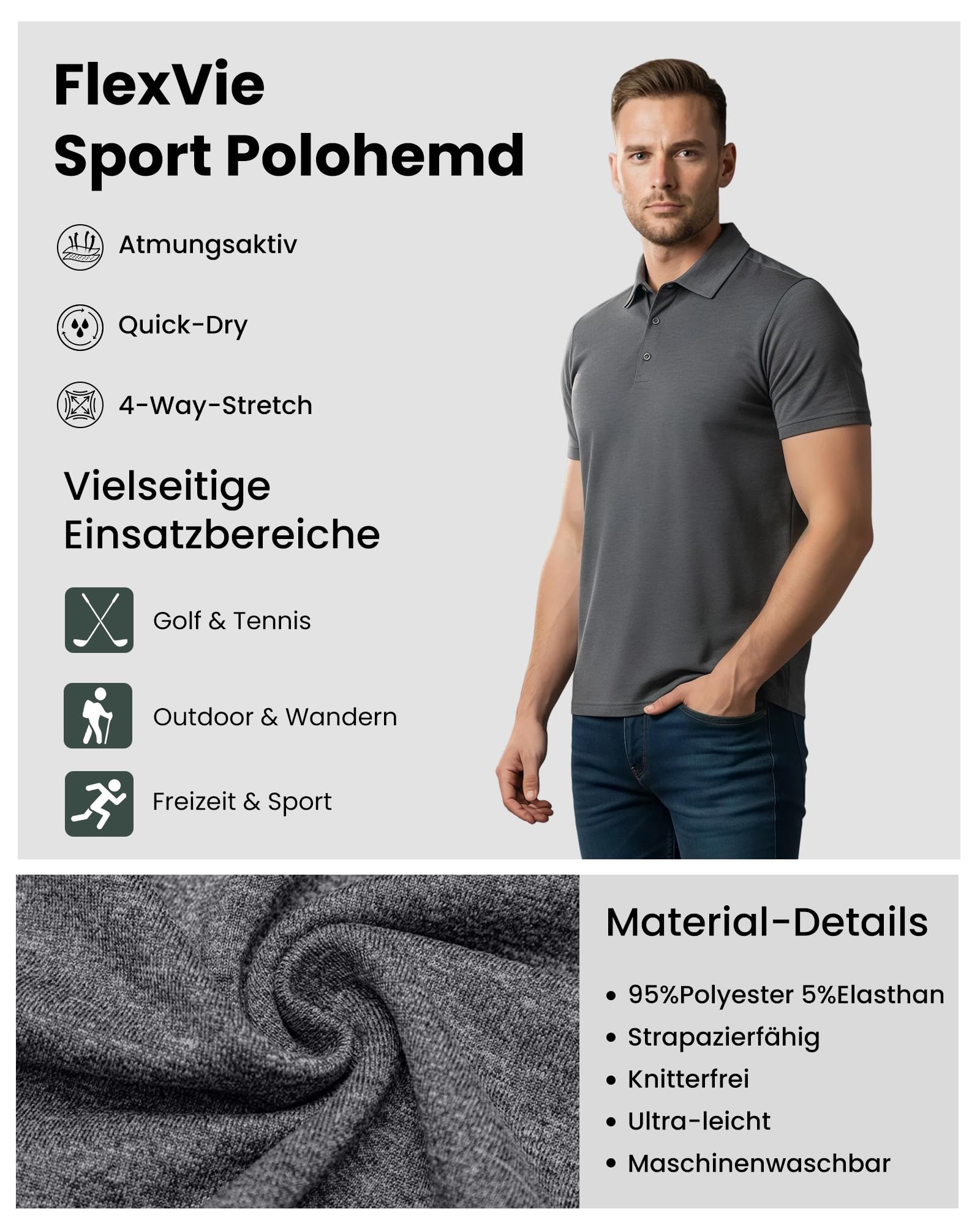 Męska koszulka polo z krótkim rękawem – oddychająca koszulka golfowa, szybkoschnąca koszulka funkcyjna do uprawiania sportu i pracy, koszulka polo regular fit