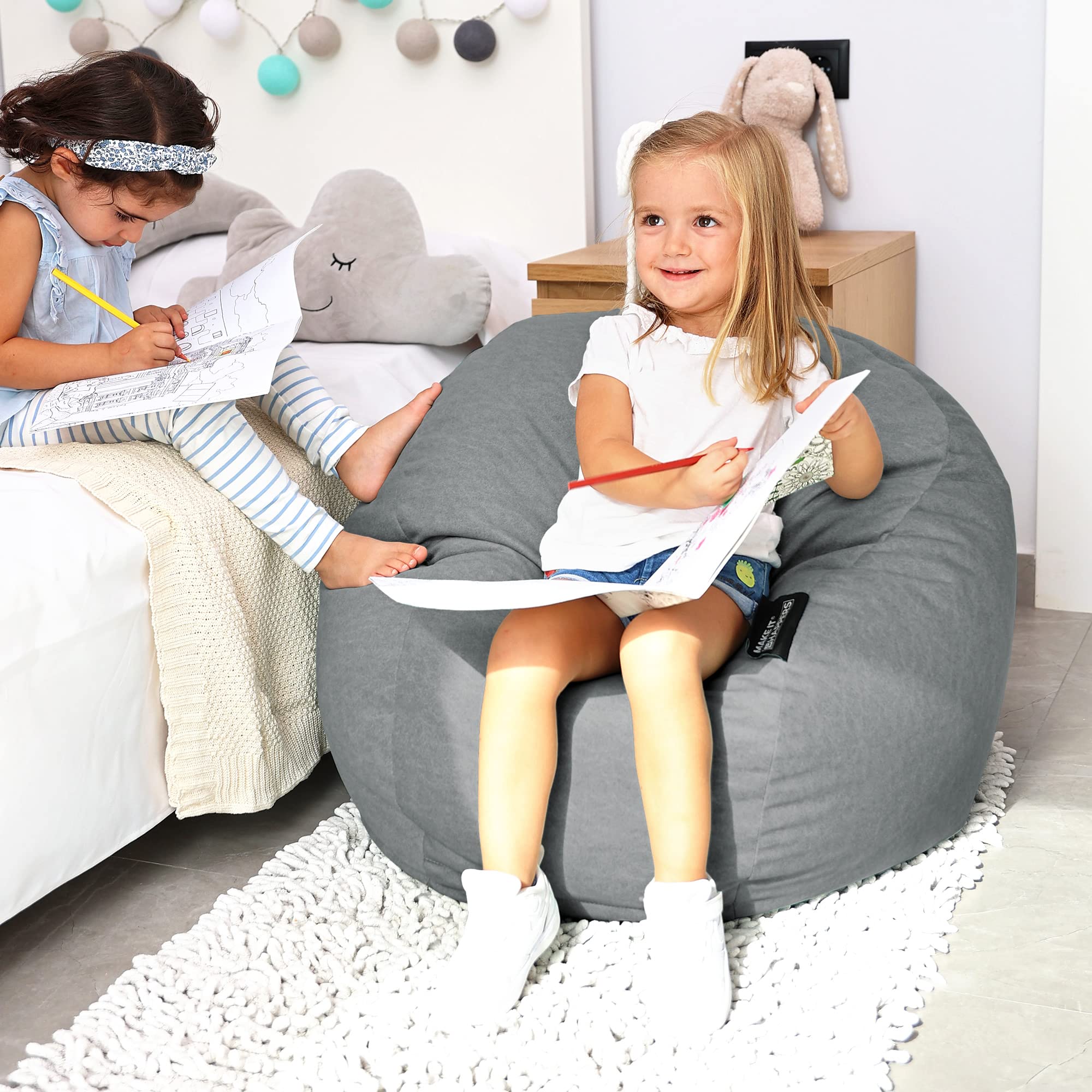 HAPPERS Puff Infantil Terciopelo Gris, Tejido Tacto Piel de melocotón