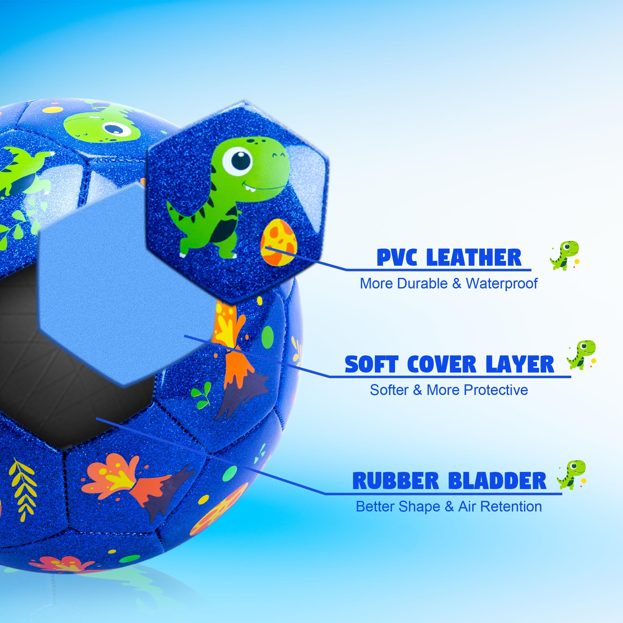 Balón de fútbol de tamaño 2 para niños pequeños, pelota de dibujos animados de dinosaurio azul para niños y niñas de 2, 3, 4, 5, 6 años, juego deportivo para interiores y exteriores con 7