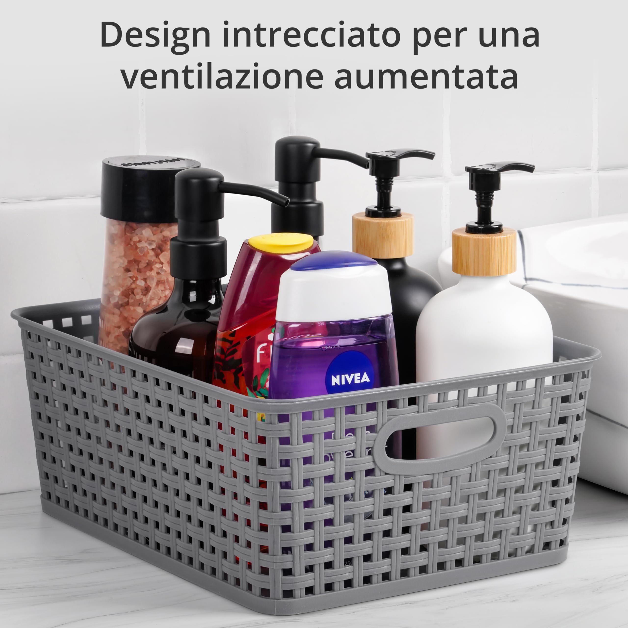 Winter Shore Ceste Portaoggetti Grigie [4 Pezzi] - Cassette Plastica Intrecciate per Organizzare Scaffali, Armadio e Cucina, Sottolavello, Lavanderia, Camera da Letto, Bagno - 29 x 22,5 x 12 cm