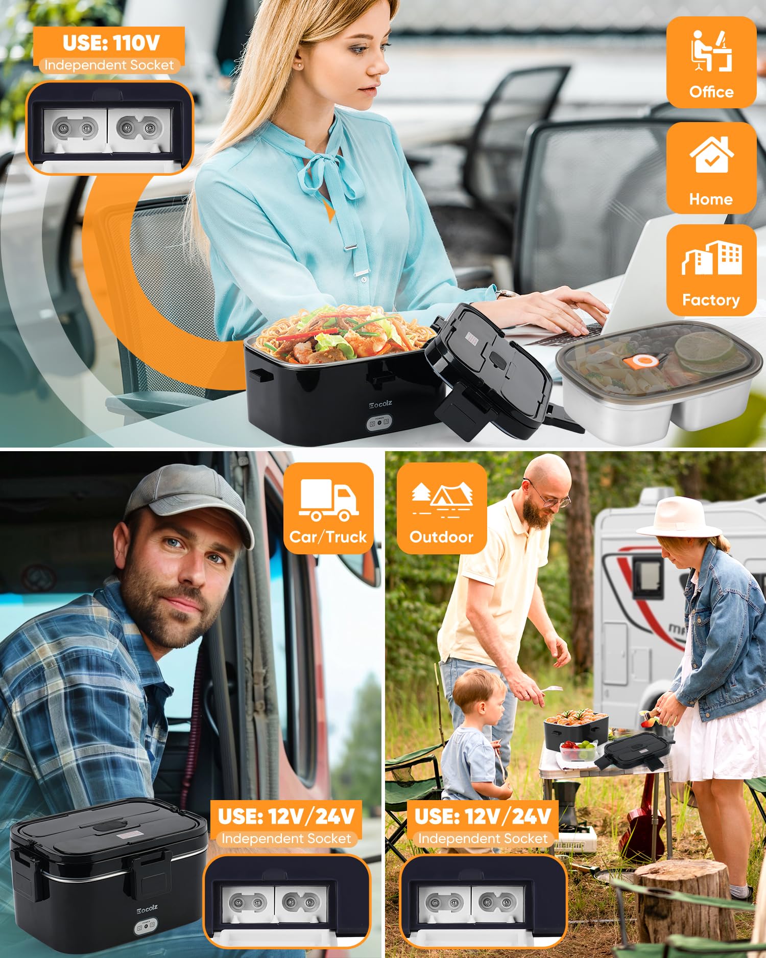 Eocolz Elektrische Lunchbox Food Heater 100W, Speisenwärmer mit Doppelbehälter 1,8L Tragbare Beheizte Lunchbox für Auto LKW Arbeit Edelstahl Gabel & Löffel 12/24/110V für Erwachsene