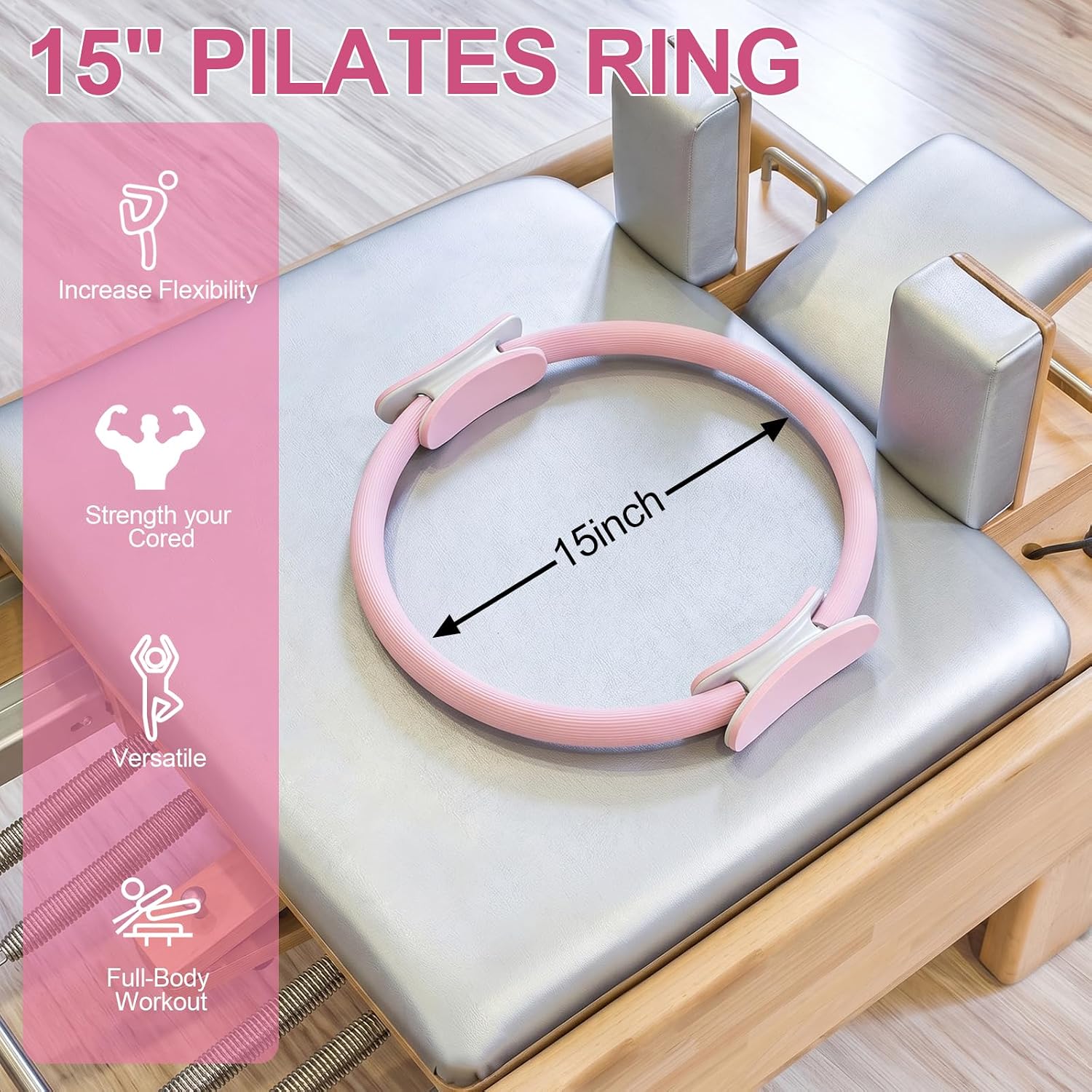 Pilates Ring 15 Inch Magic Circle Ring, Dual Padded Handles Pilates Exercise Circle, Adjustable Yoga Ring