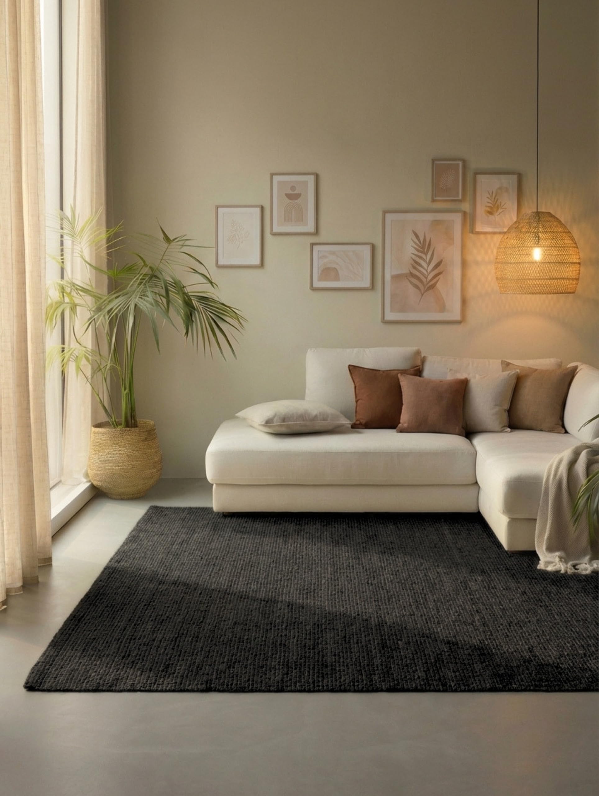 Hanse Home Jute Teppich – Natur Wohnzimmerteppich aus 100% Jute - Handgewebt & Natürlich – Boho Naturfaser Juteteppich für Wohnzimmer, Schlafzimmer, Esszimmer – Schwarz, 190x280cm