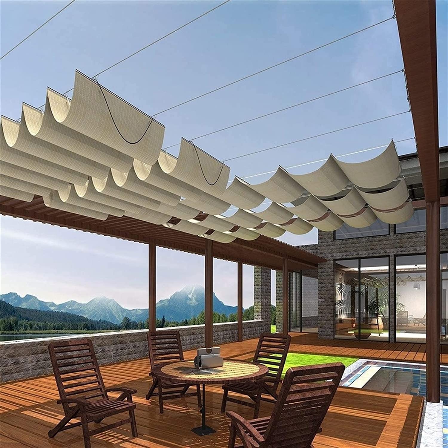 Żagiel przeciwsłoneczny, pergola w kształcie litery U, zwijana markiza do zawieszenia przewód do tarasu, ganku, patio, zadaszenie dołączone elementy (kolor: beżowy, rozmiar: 0,6 x 8 m)