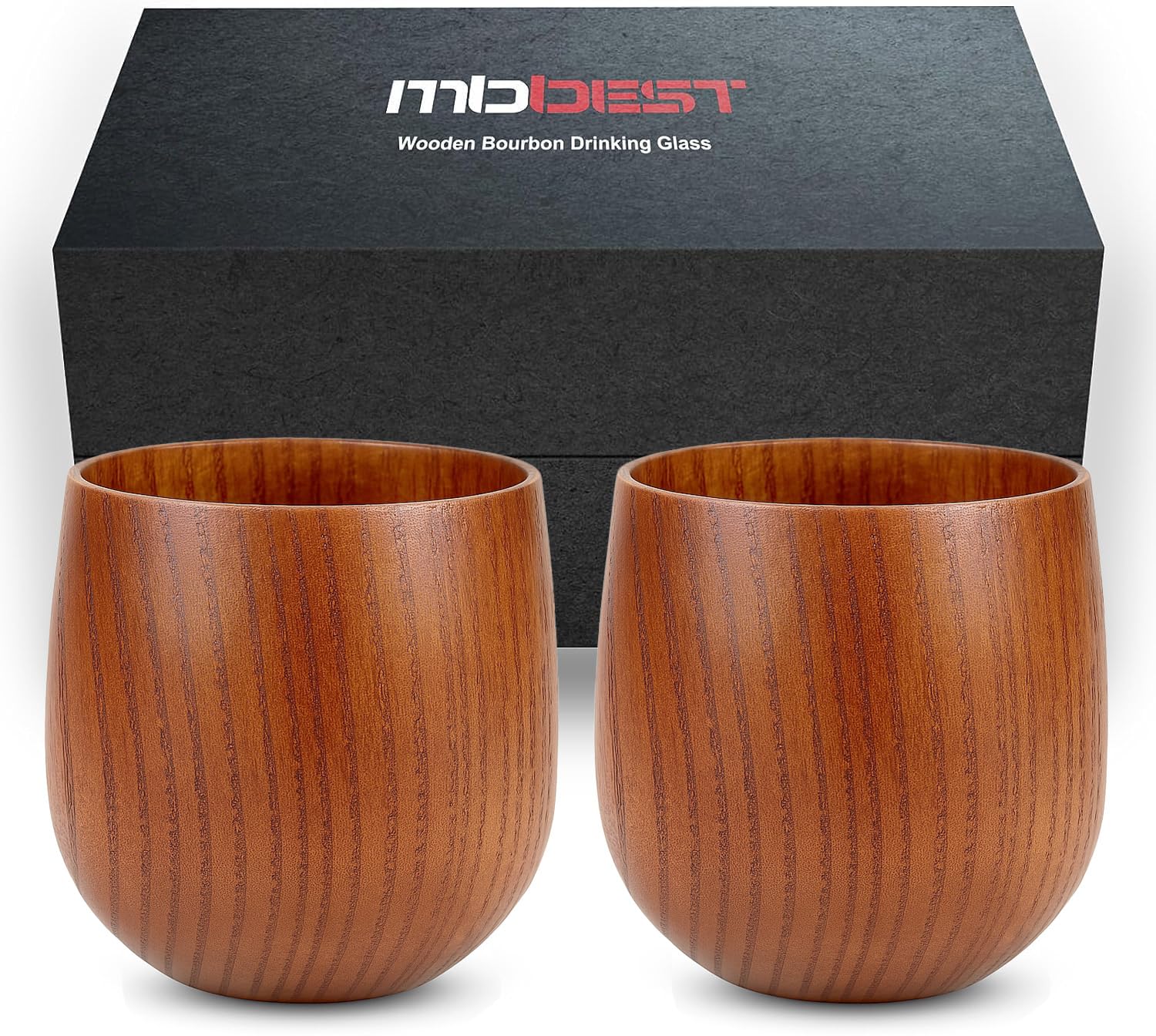 MBBEST Handcrafted Wooden Bourbon Glasses Set of 2 – Hand-Carved Whiskey Tumbler, Flavor-Enhancing Oak Barrel Design, Unbreakable Old Fashioned Glass for Men – Luxury Gift Box Included