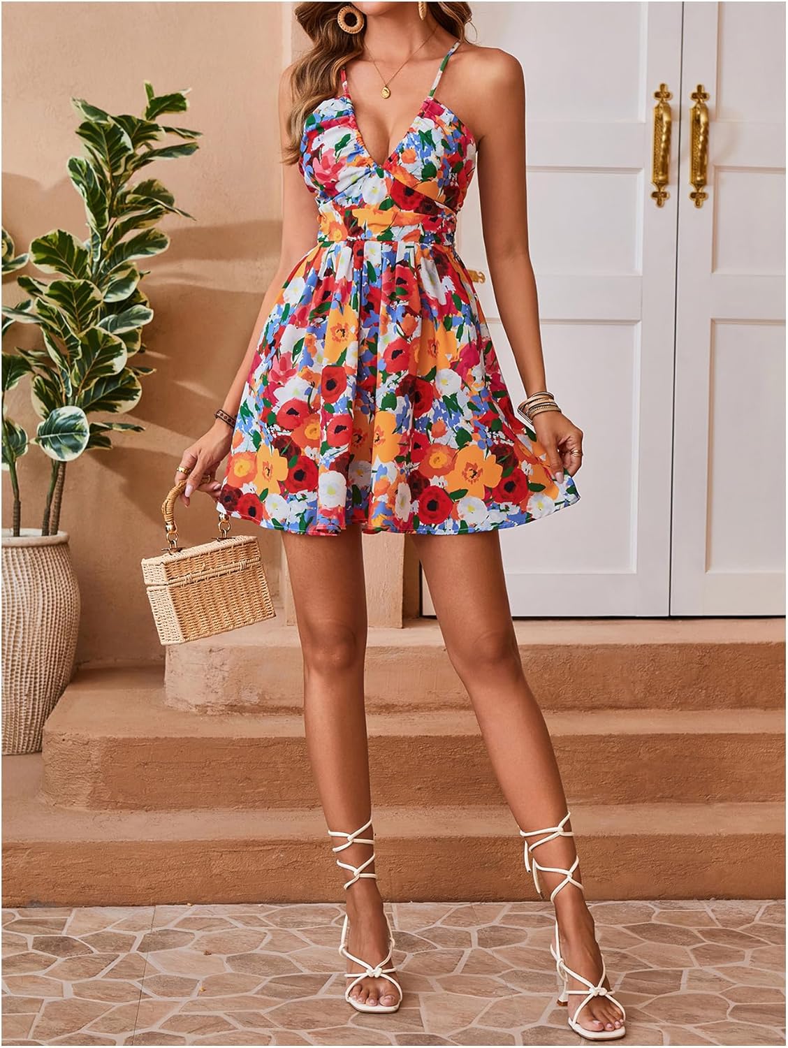 Floerns Women's Floral Print Criss Cross Cami Dress Tie Back Flared Mini Dresses - Image 5