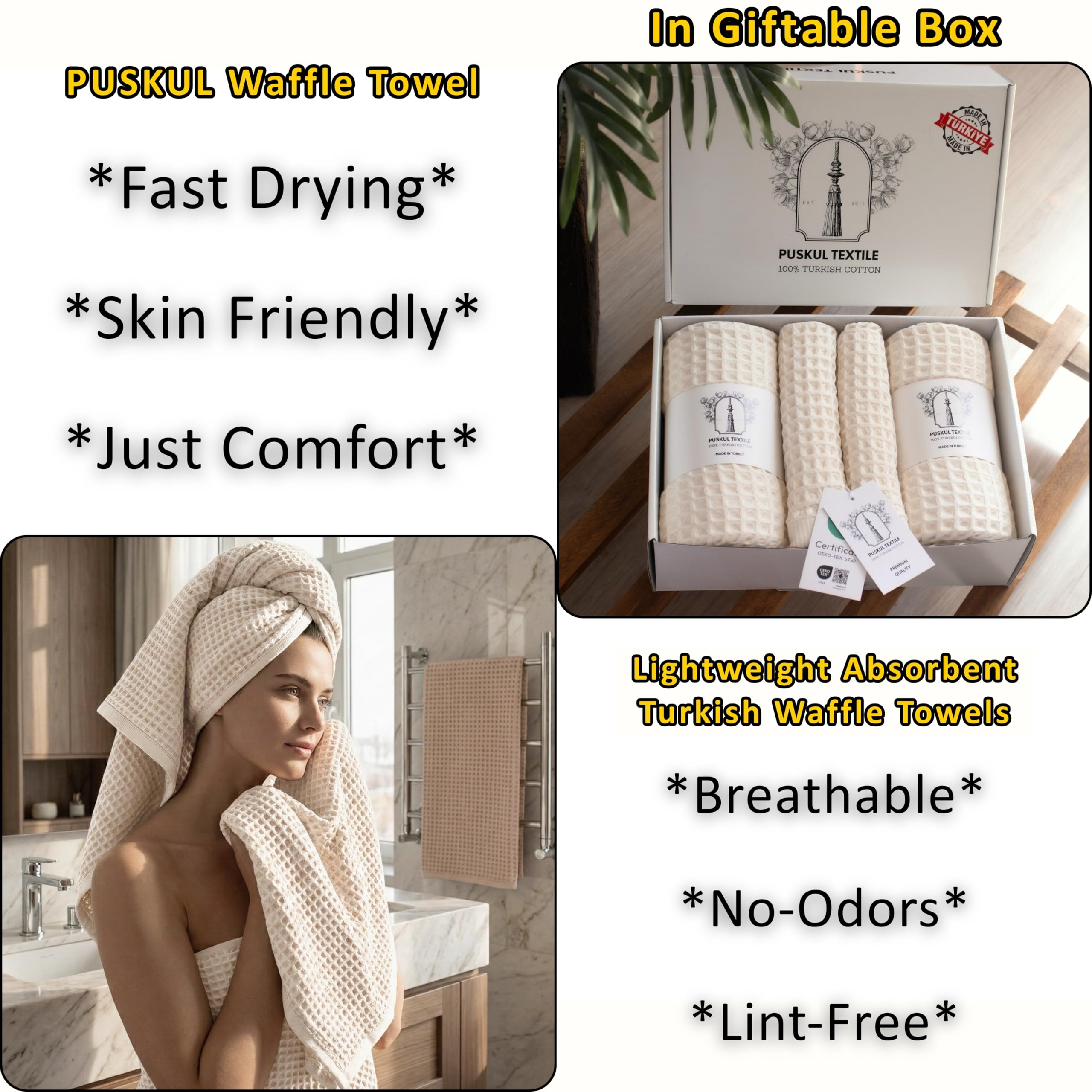 PÜSKÜL - Set di 4 asciugamani a nido d'ape biologici non tinti | 100% cotone turco naturale di lusso, 2 asciugamani per le mani e 2 asciugamani da bagno, asciugamani da bagno assorbenti ad asciugatura