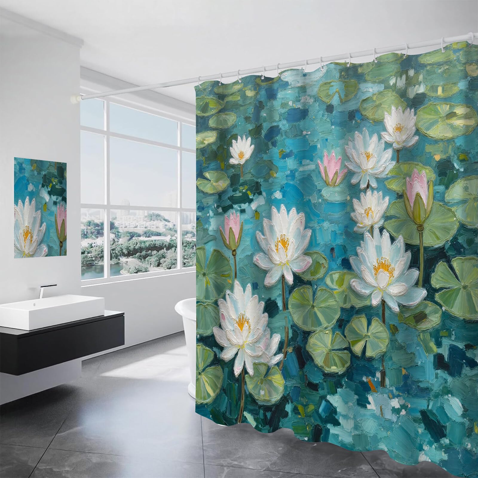 Rideau Douche,Rideau Baignoire Lavable en Machine Rideaux Douche Tissus Lavable Rideau De Baignoire Lavable pour Salle De Bain Domicile Baignoire Famille,Feuilles De Nénuphar,