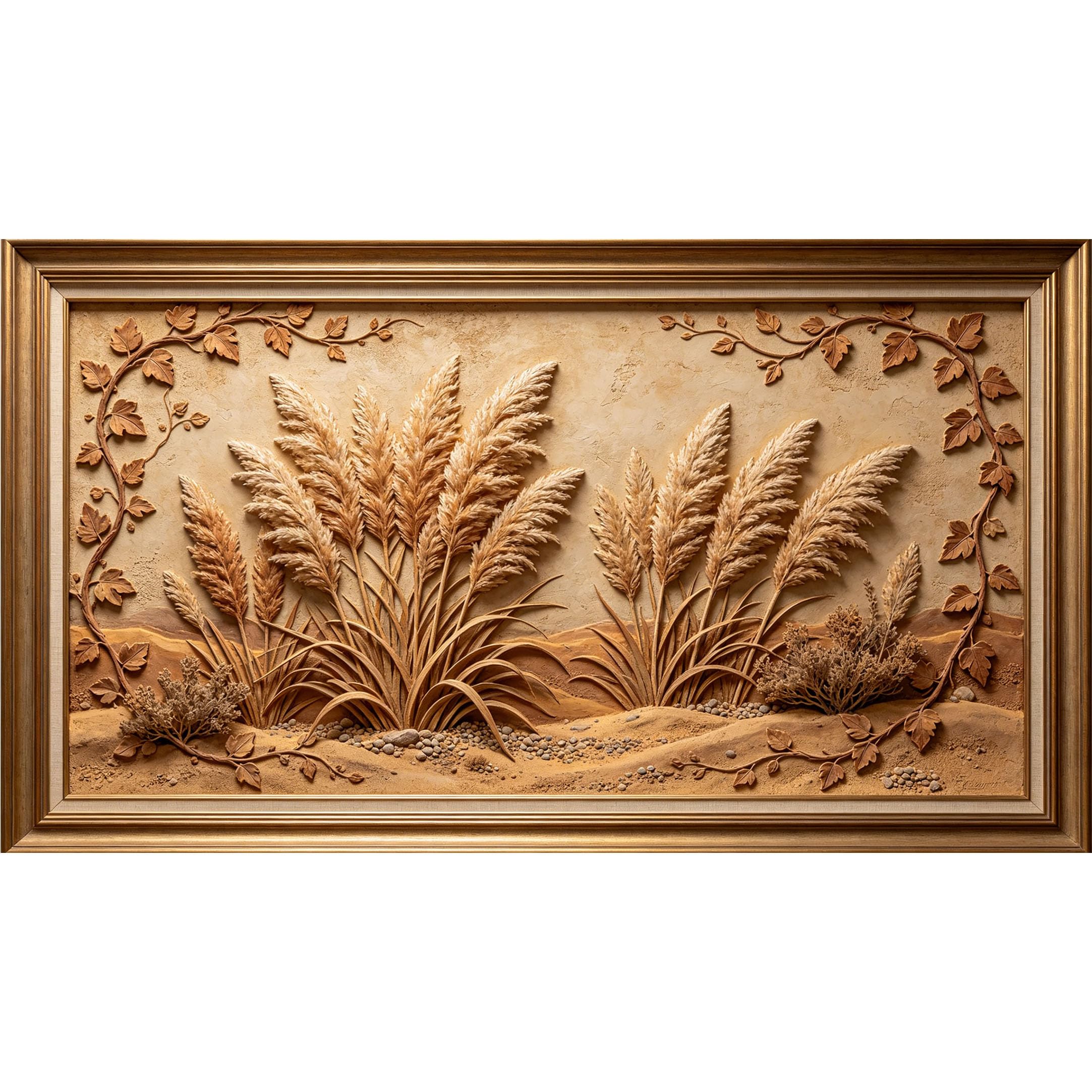 QZLITHOTIC 50x90cm3D Framed Wall Art， Botanical Pampas Grass Landscape Self‑Adhesive Mural， Water‑Activated Peel & Stick Fabric Decor Wall Decal for Bedroom Living Room
