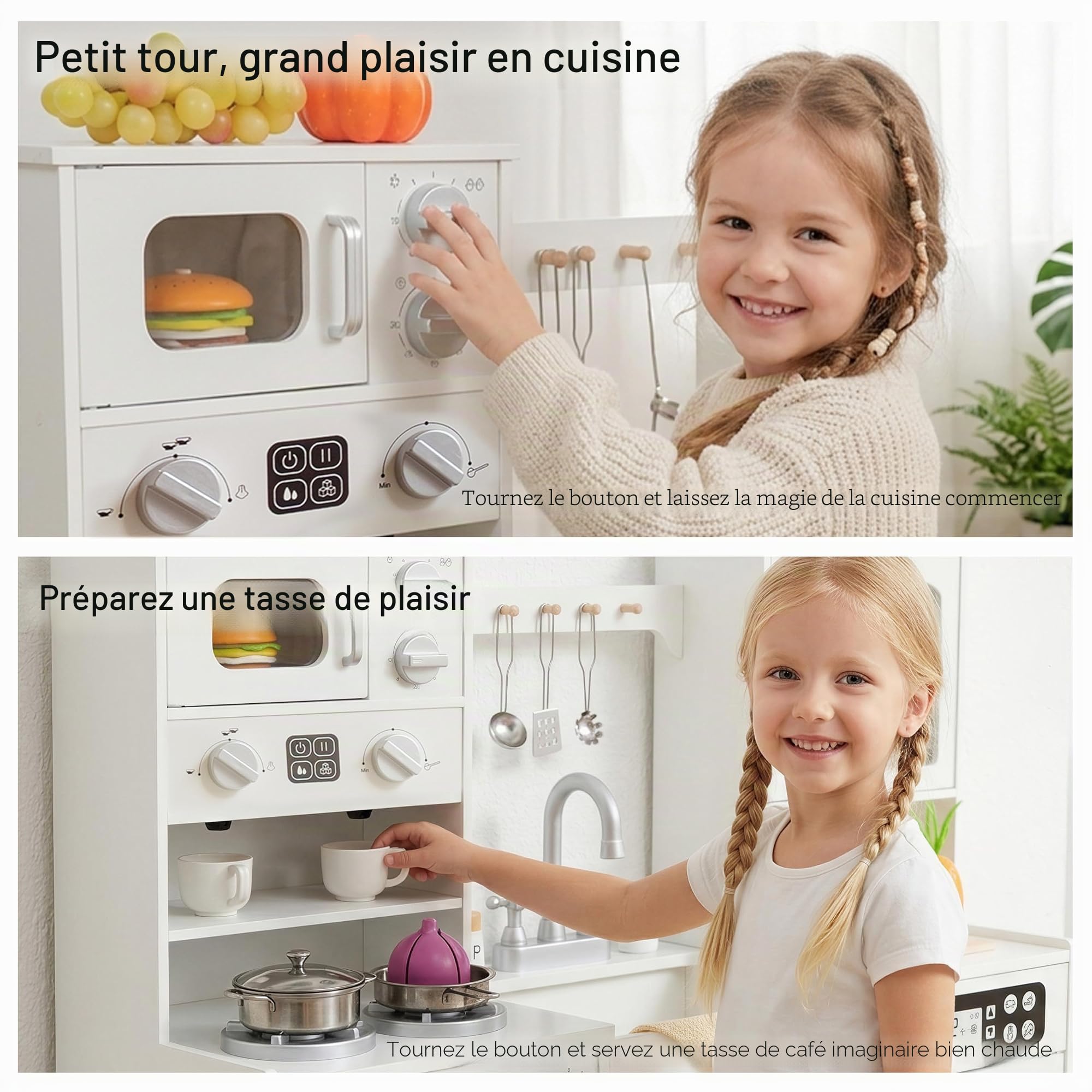 Cuisine de jeu en bois pour tout-petits et enfants avec lumières et sons, grand ensemble de jeu interactif avec machine à glaçons, cuisinière, évier, four, 12 accessoires, 3 à 8 ans