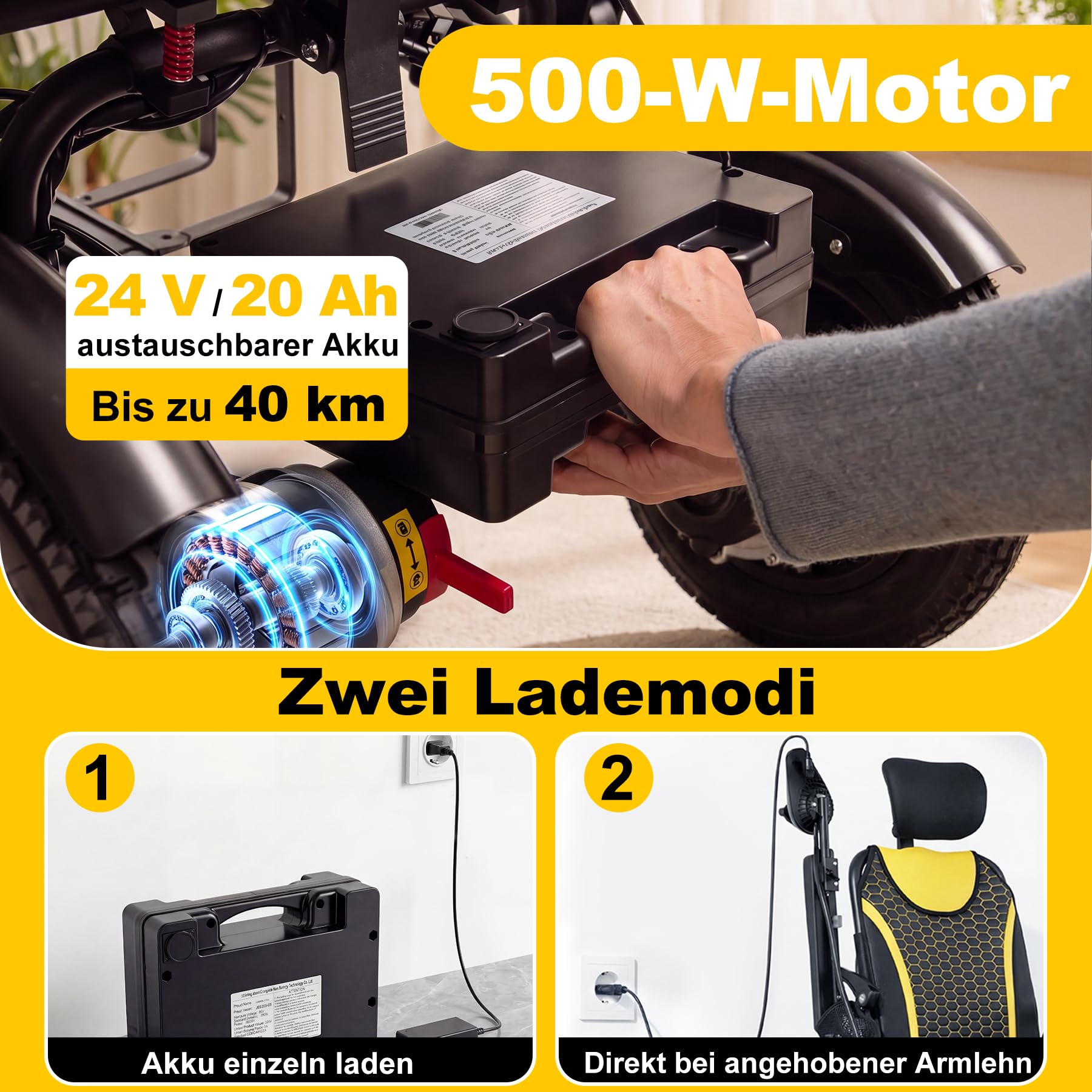 Elektrischer Rollstuhl 40 km Reichweite mit Liegefunktion | Faltbar, Extra-breiter Sitzbezug, Intelligente Fernbedienung, Intelligente Bremse, Ergonomisch