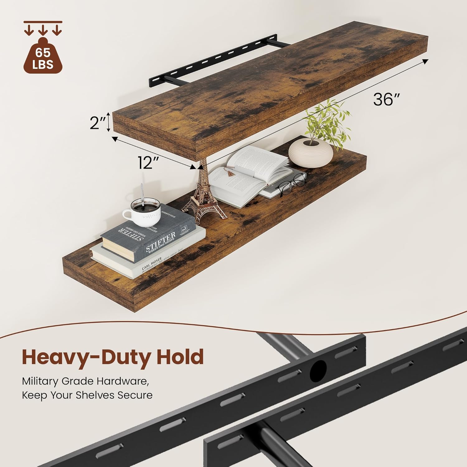 Vivelove 12 Deep Floating Shelves for Wall 36 Long, Wall Shelves for Bedroom Living Room Bathroom Kitchen Laundry Room, Farmhouse Rustic Shelves for Home Decor, 36 X 12 X 2 Set Of 2, Rustic Brown