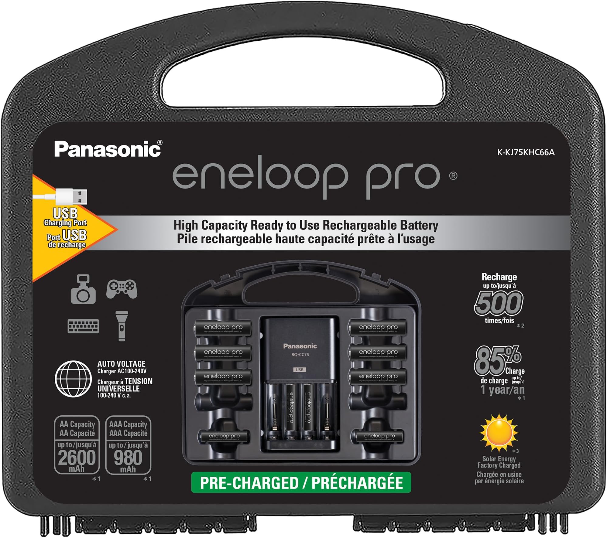 Eneloop Panasonic K-KJ75KHC66A pro High Capacity Rechargeable Batteries Power Pack 6AA, 6AAA, Advanced Battery Charger with USB Charging Port and Plastic Storage Case