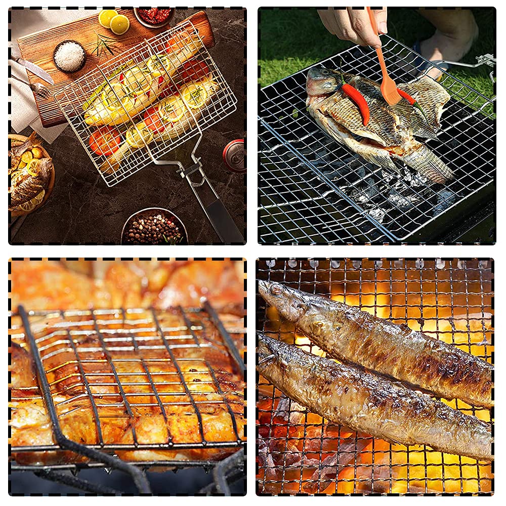 Panier à Griller En Acier Inoxydable pour Barbecue - Pliable avec Poignée Amovible pour Poisson, Steak, Crevette