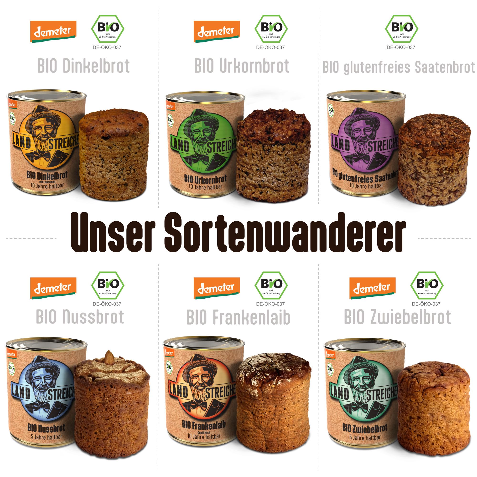 LANDSTREICHER Sortenwanderer Bio & Demeter Dosenbrot Mix-Paket (6 Sorten), Langzeit Haltbar (5-10 Jahre)