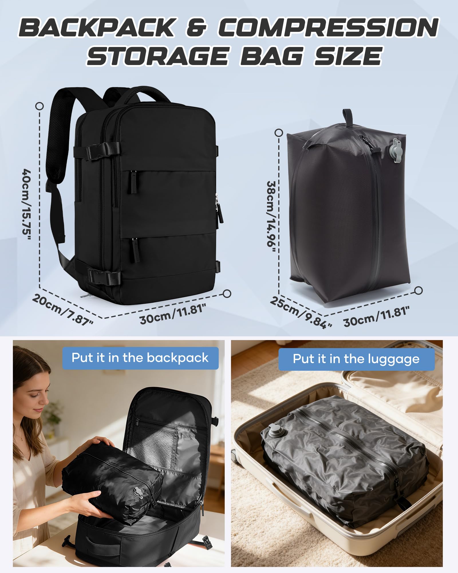 SEAFEW Sac à dos sous vide de voyage avec pompe pour Ryanair 40x30x20, Sac À Main Bagage Cabine Avion para Easyjet, sac à dos décontracté pour ordinateur portable,Sac de Voyage pour Week-End,H01-noir