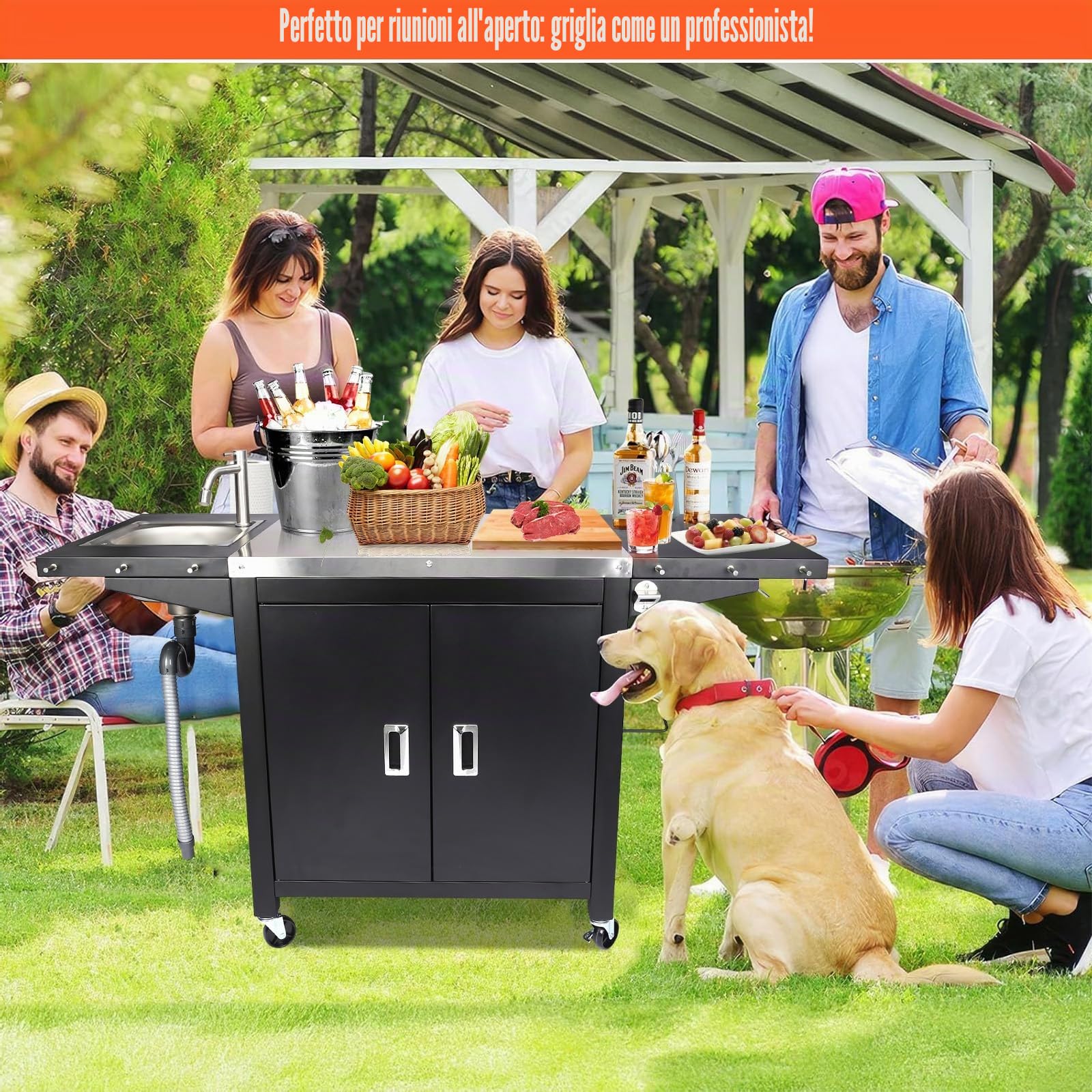 GFTIME Carrello per barbecue, cucina all'aperto, tavolo per pizza mobile, in acciaio inox, con ruote, 154 x 63 x 89 cm