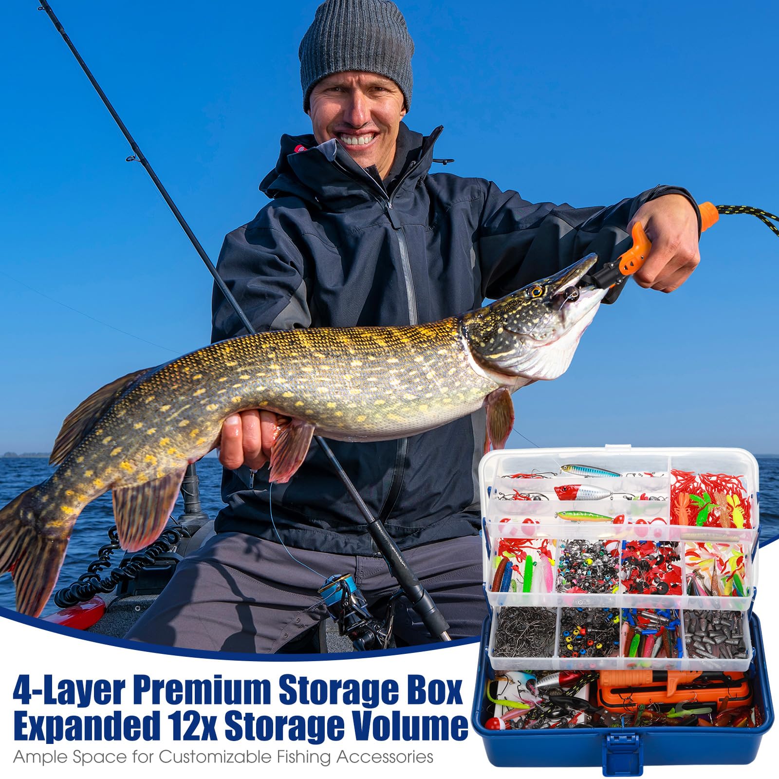 RoundFunny 756 Stück große 4-lagige Angelbox mit Angelköder-Set inklusive, Zange, Lippengreifer, Haken, Gewichte, Sinker, Crankbait und anderes Zubehör, Ausrüstung und Ausrüstung, Geschenk für Männer