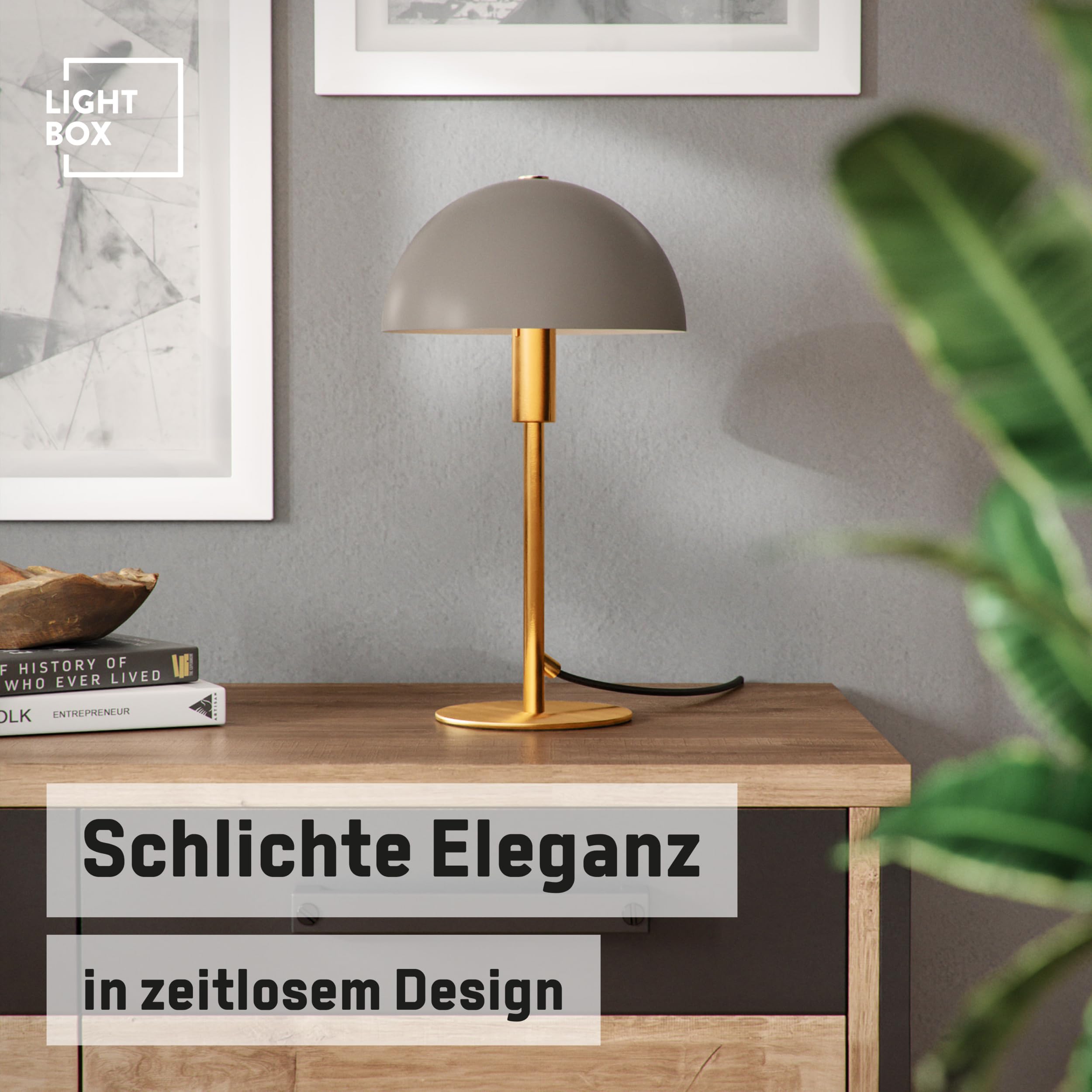 Lightbox Pilz Tischlampe | 36 cm Höhe, Ø 20 cm | Tischleuchte mit Wipp-Schalter | glamouröse LED Lampe als Nachttischlampe für das Schlafzimmer | E14 | aus Metall in Goldfarben/Matt Taupe/Grau