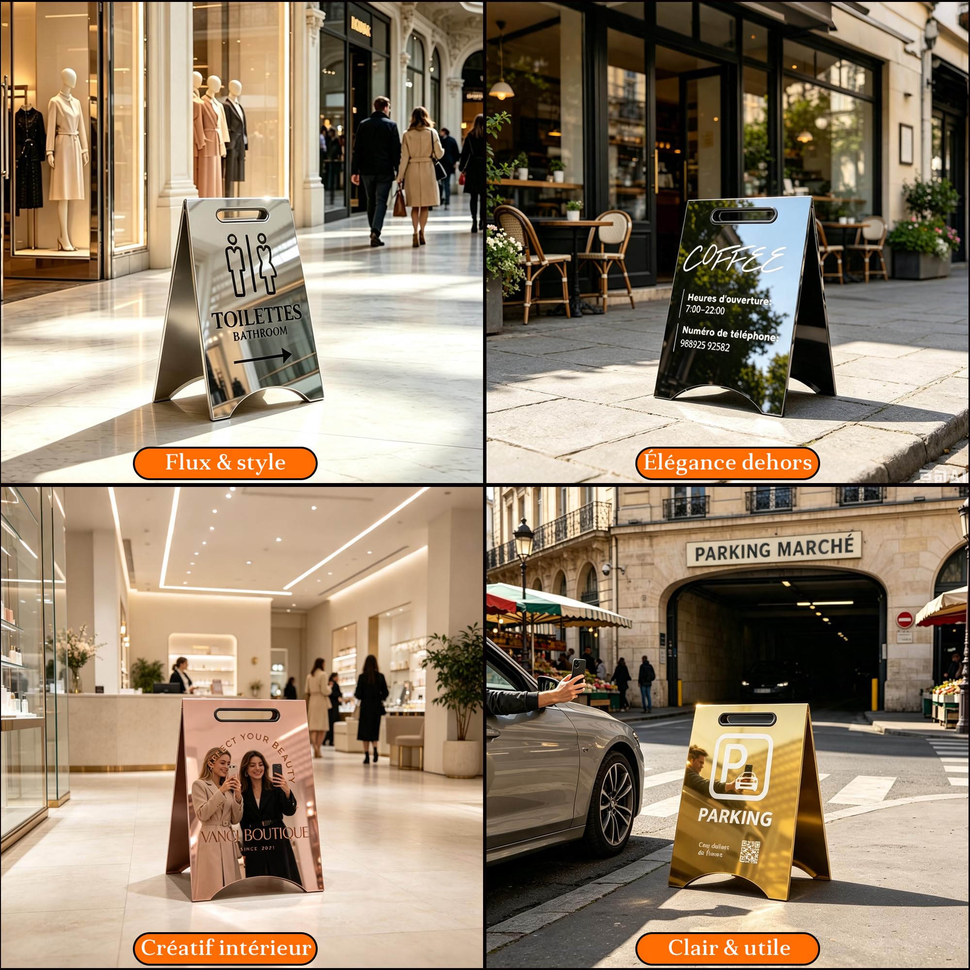 NEONAPM Stop Trottoir Extérieur Panneau Pub Pliable Personnalisé 50-90cm | Impression UV HD, Int/Ext, acier inoxydable miroir ou brossé, double face, poignée anti-coupure, conception sur mesure