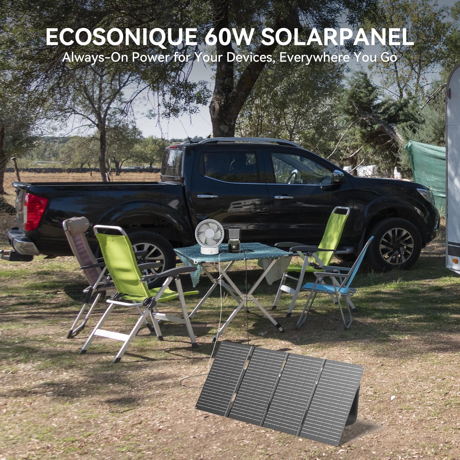 Ecosonique Chargeur de panneau solaire portable 60 W 1,6 kg Ultra-léger Pliable ETFE USB-C 33 W PD3.0 & USB-A 24 W QC3.0 Charge rapide 18 V DC XT60 pour station d'alimentation, téléphones, tablettes