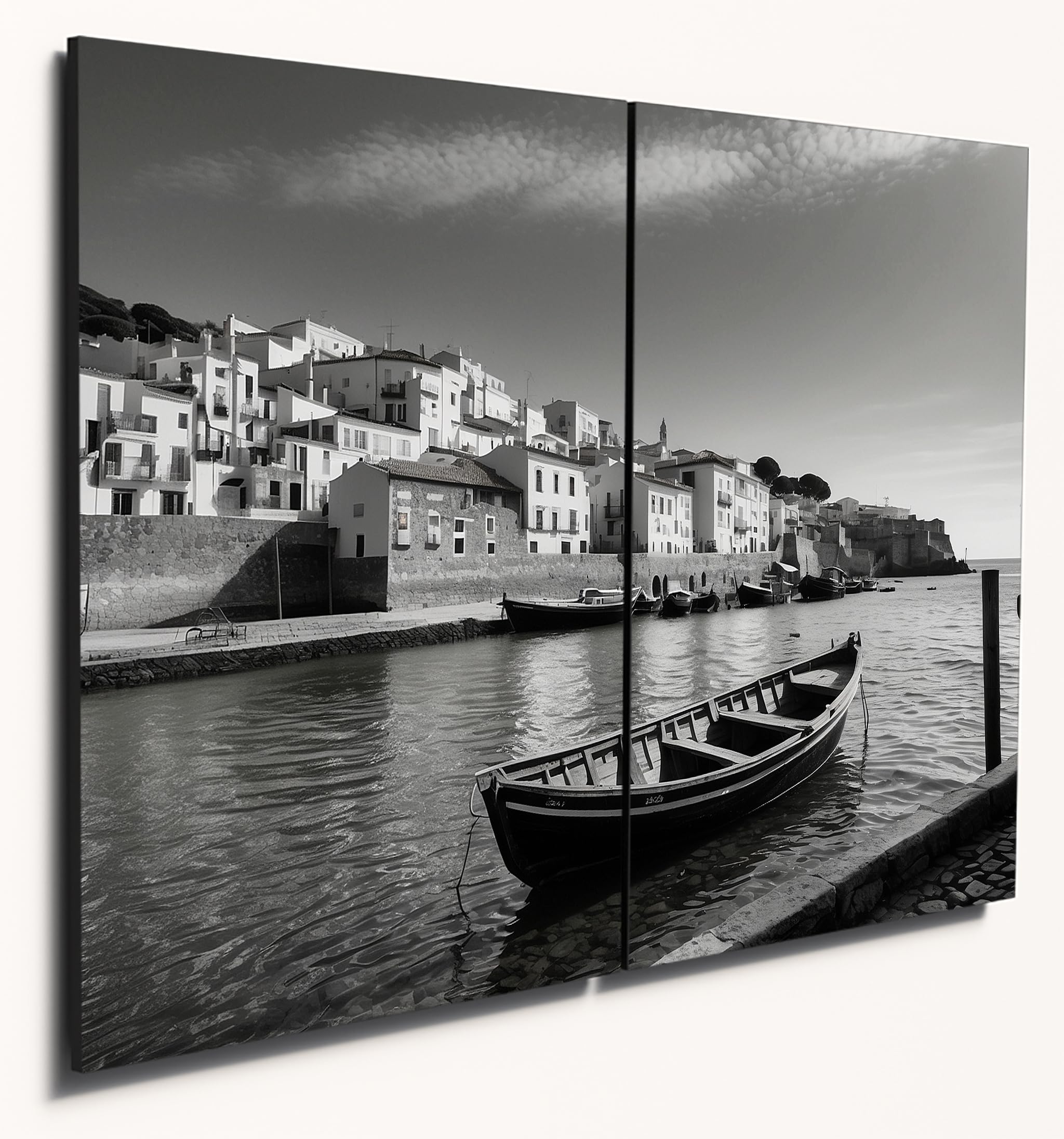 The Plum Penguin Serene Portuguese Village Scenery Wall Art, A4 MDF Wood, Monochrome Home Decor Canvas Alternative 40 x 30cm