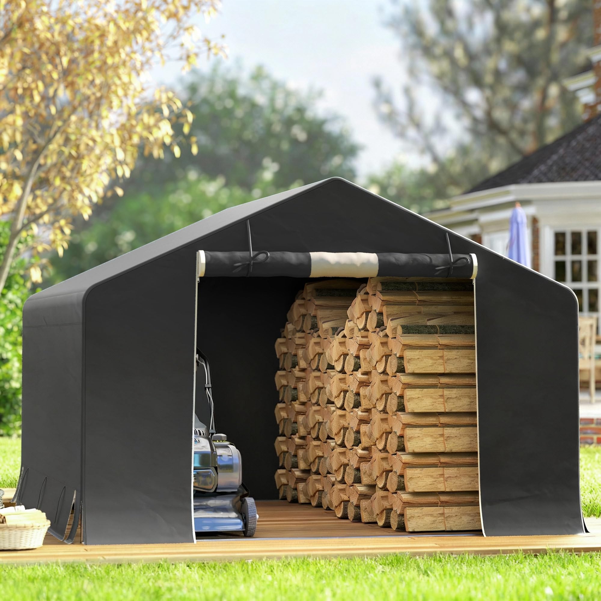 Outsunny Cobertizo portátil 10'x10' Impermeable Tienda Bici Gris Oscuro | Puerta enrollable cremallera, marco acero galvanizado reforzado, cobertizo exterior para bici, moto, herramientas