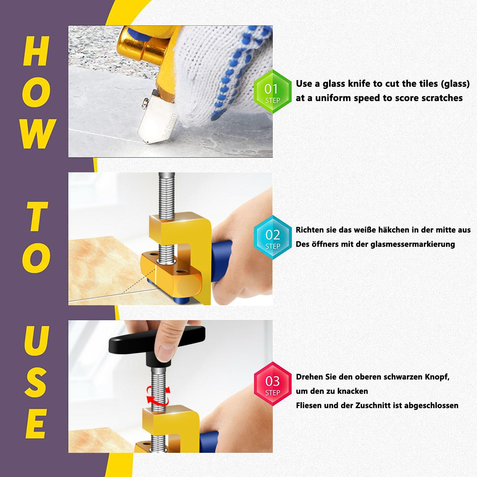 Tagliapiastrelle manuale taglivetro Tile Glass Cutting Tool 2 in 1 utensile da taglio con 3 lame in acciaio al tungsteno, 8 piedini di contatto per casa fai da te vetro per finestre, specchi