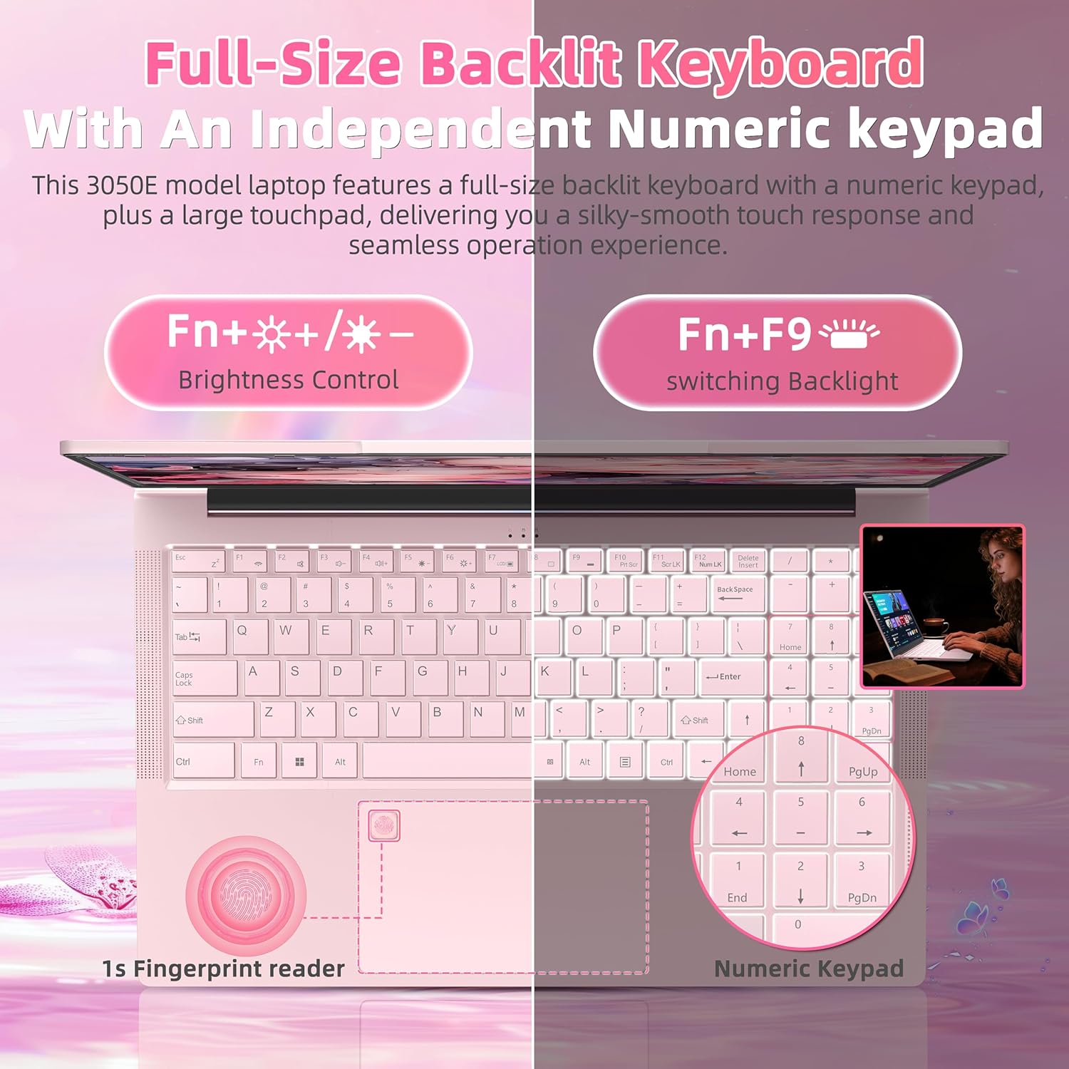 15.6" Pink Laptop Computer AMD Athlon Silver 3050E, 16GB RAM 512GB SSD, FHD IPS Display, Backlit KB, Fingerprint, Webcam Privacy Shutter,180 ° Hinge, Win 11 Pro, USB-C, HDMI, Ultra-Thin