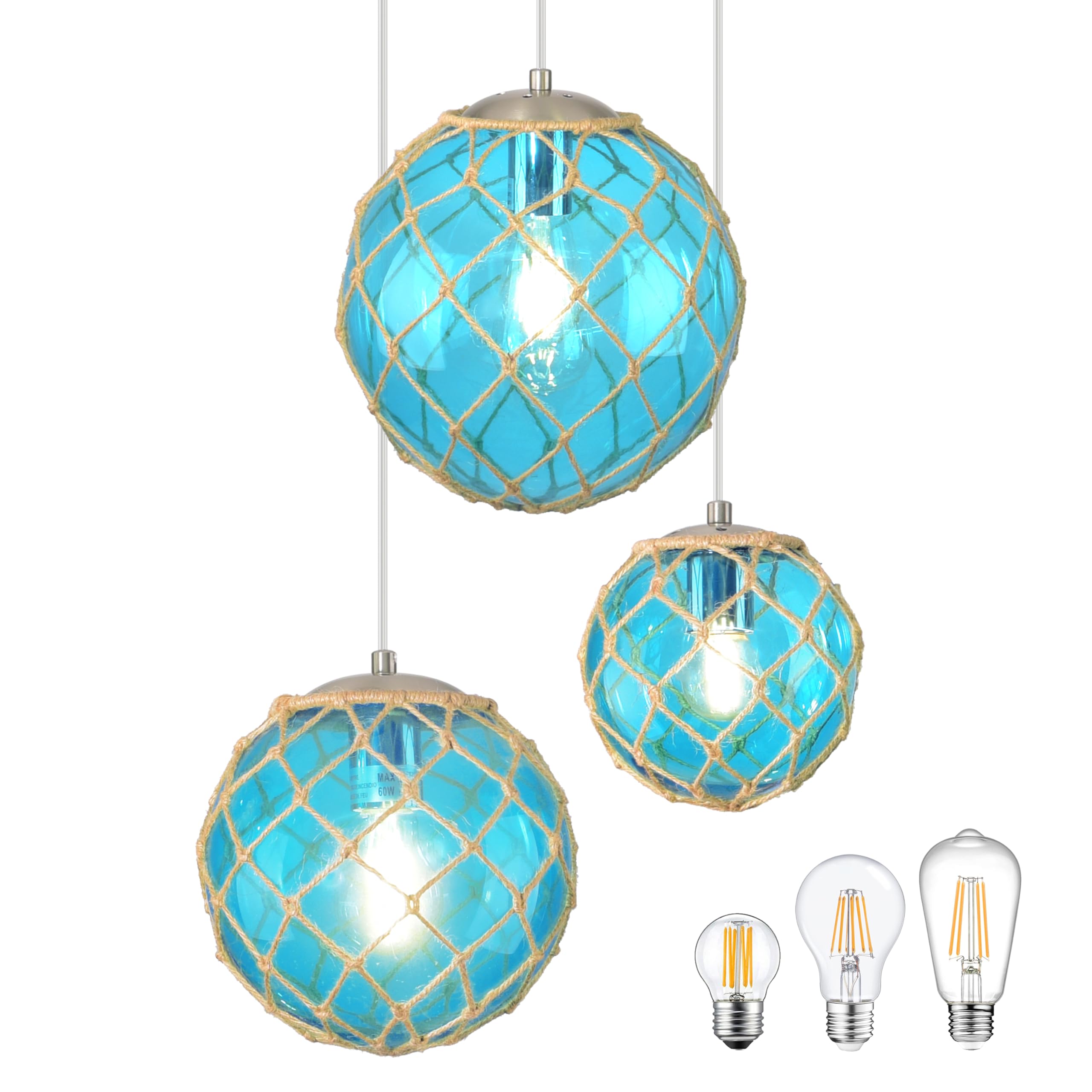 3-light Blue Coastal Pendant Light Kitchen Island,3 Globe Glass Ocean Ceiling Light Fixture Beach House,Dimmable Hemp Rope Chandelier Hanging For Bathroom Living Room Farmhouse Bedroom(Bulb Incl.