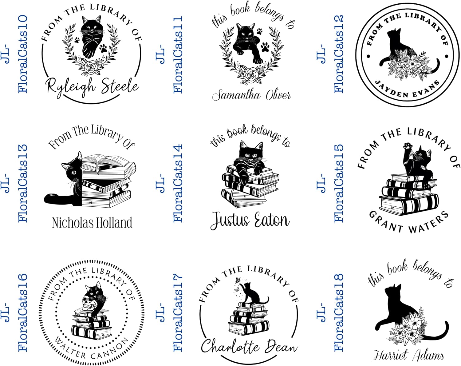 The Library of Personalized Book Stamp - Custom Embosser with Floral Cats Design (1 5/8" x 1 5/8")
