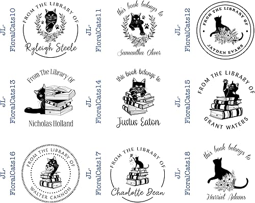 Miniatura 2 de The Library of Custom Book Stamp - Estampado personalizado con diseño de gatos florales (1 58 pulgadas x 1 58 pulgadas)