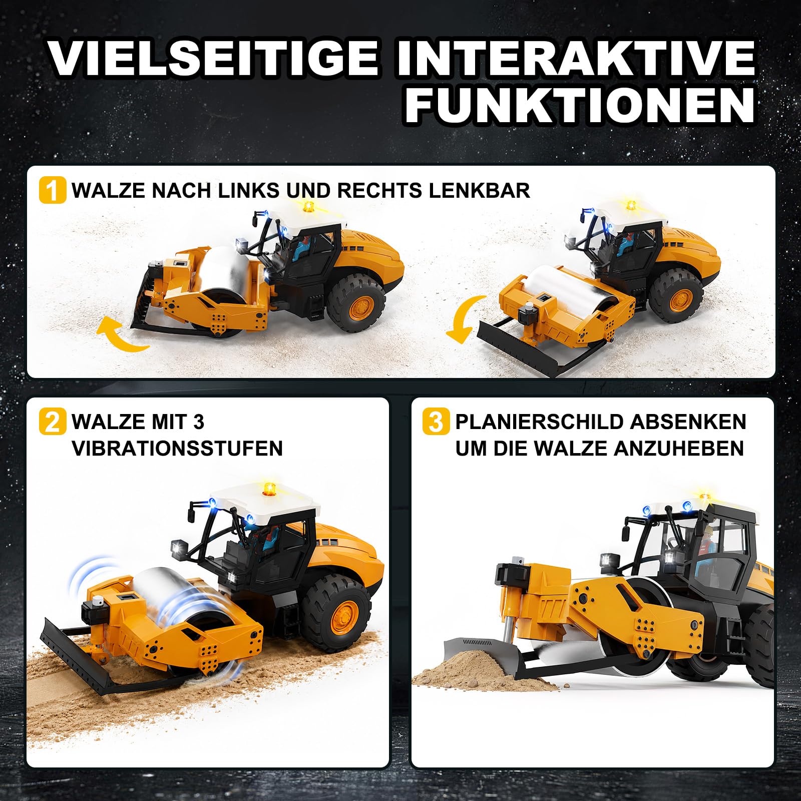 RC Straßenwalze Ferngesteuerte Baumaschine Mini 1:50 Modell mit Metallwalze & Metallschild, 3-stufiger Walzenvibration, 2,4 GHz LCD-Fernbedienung, Licht & Sound, 2 Akkus, RTR für Erwachsene