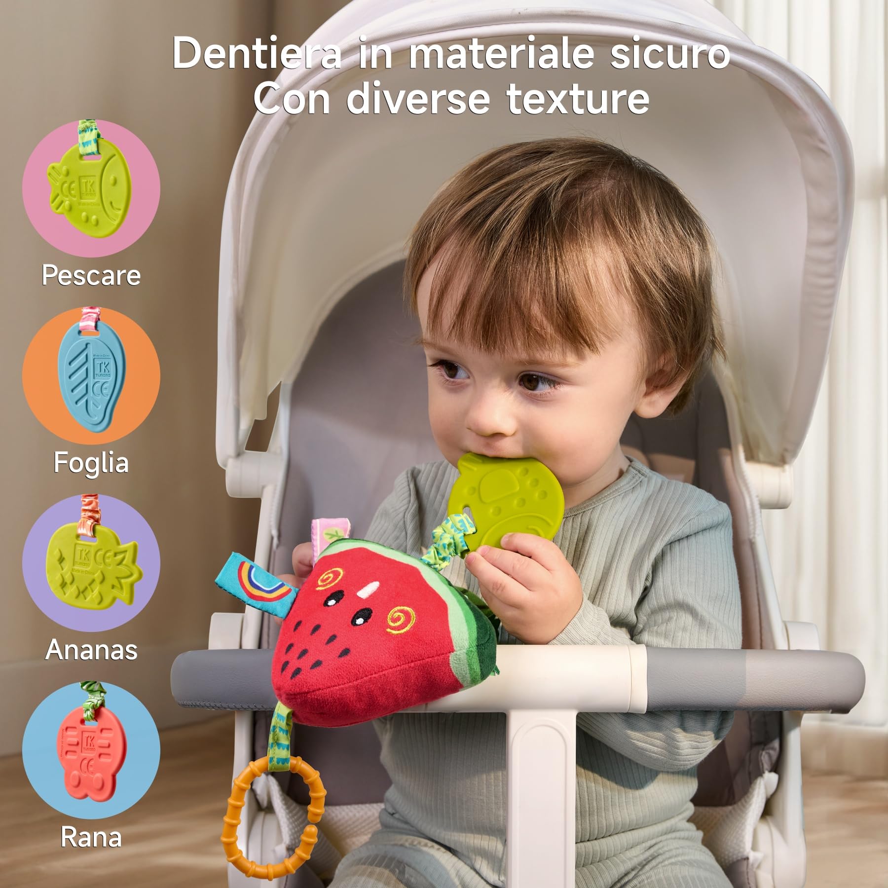 TUMAMA Giochi Sonaglio Per Neonato 0 3 4 6 9 12 Mesi, Gioco Montessori Sensoriali Per Neonati Passeggino Accessori Con Campana, Peluche Frutta Giocattoli Per Auto Culla Femmina Maschio Regalo (4pcs)