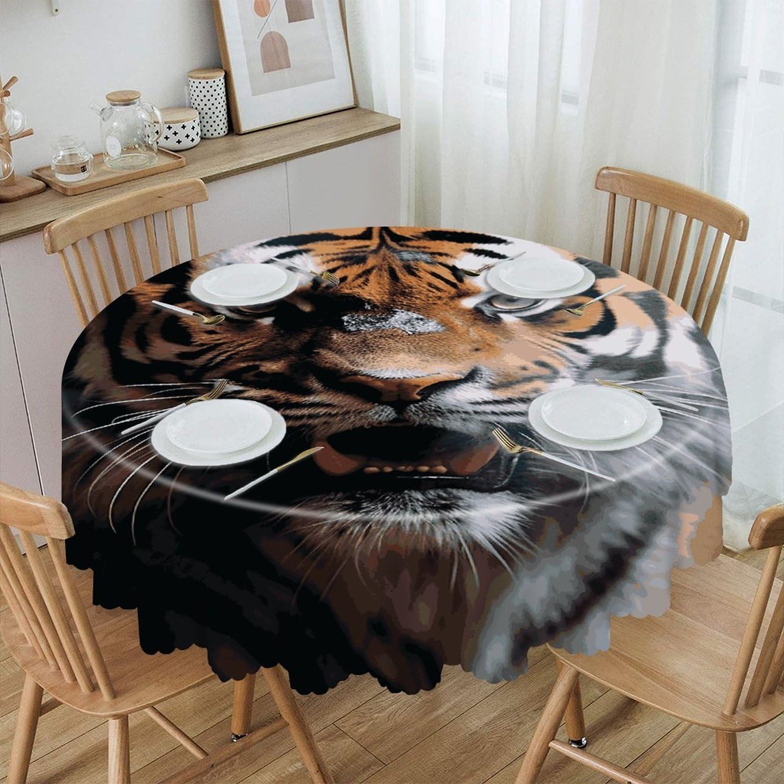 VstaDank A Tiger in A Cage Round Tablecloth 60 Inch Easy to Clean Circle Table Cover Thick Decorative Round Polyester Table Cloth for Dining Kitchen Party Farmhouse Outdoor