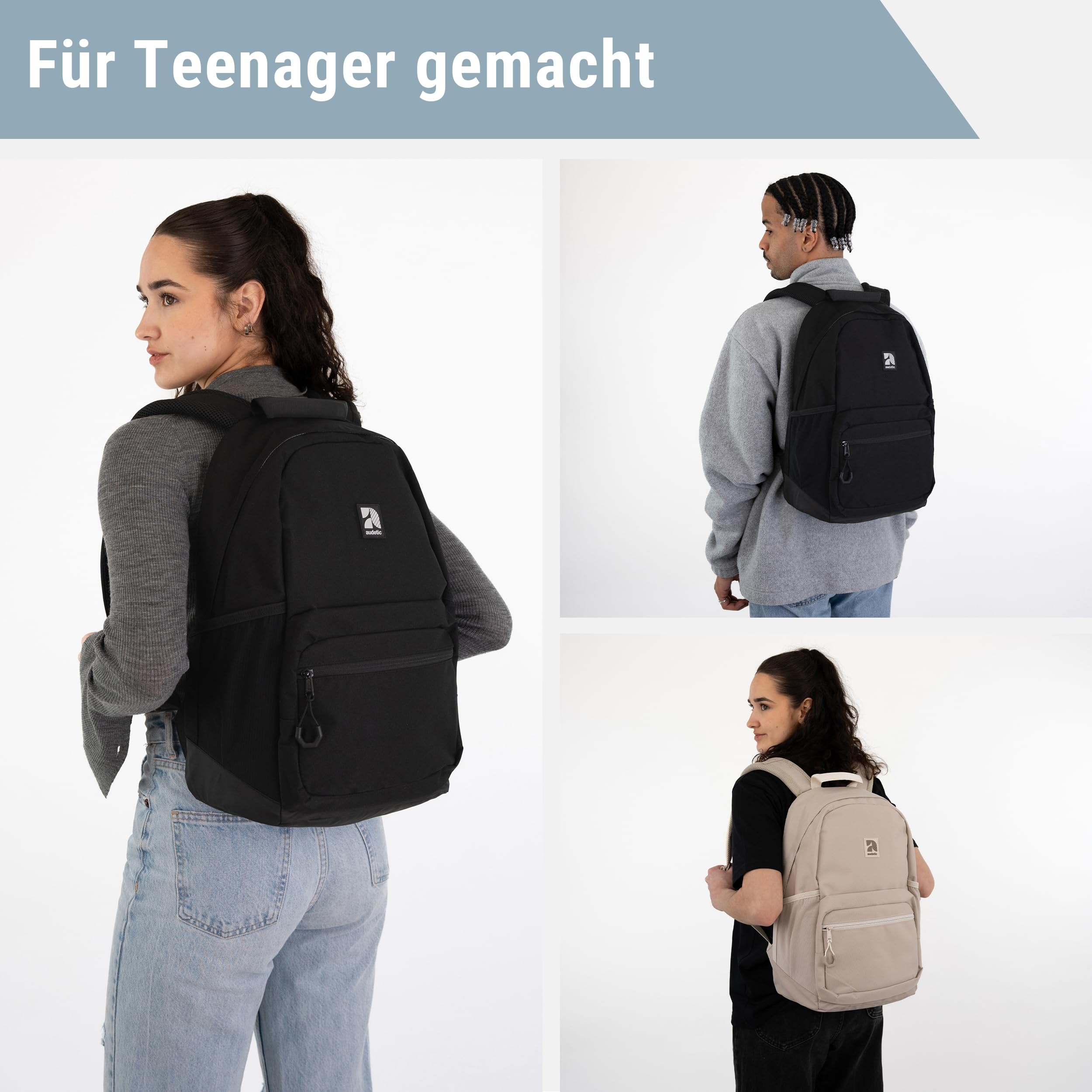AUDETIC Schulrucksack Mädchen und Jungen Teenager Schwarz - Flex - Rucksack Damen & Herren mit 16 Zoll Laptop Fach für Schule & Freizeit - Wasserabweisend