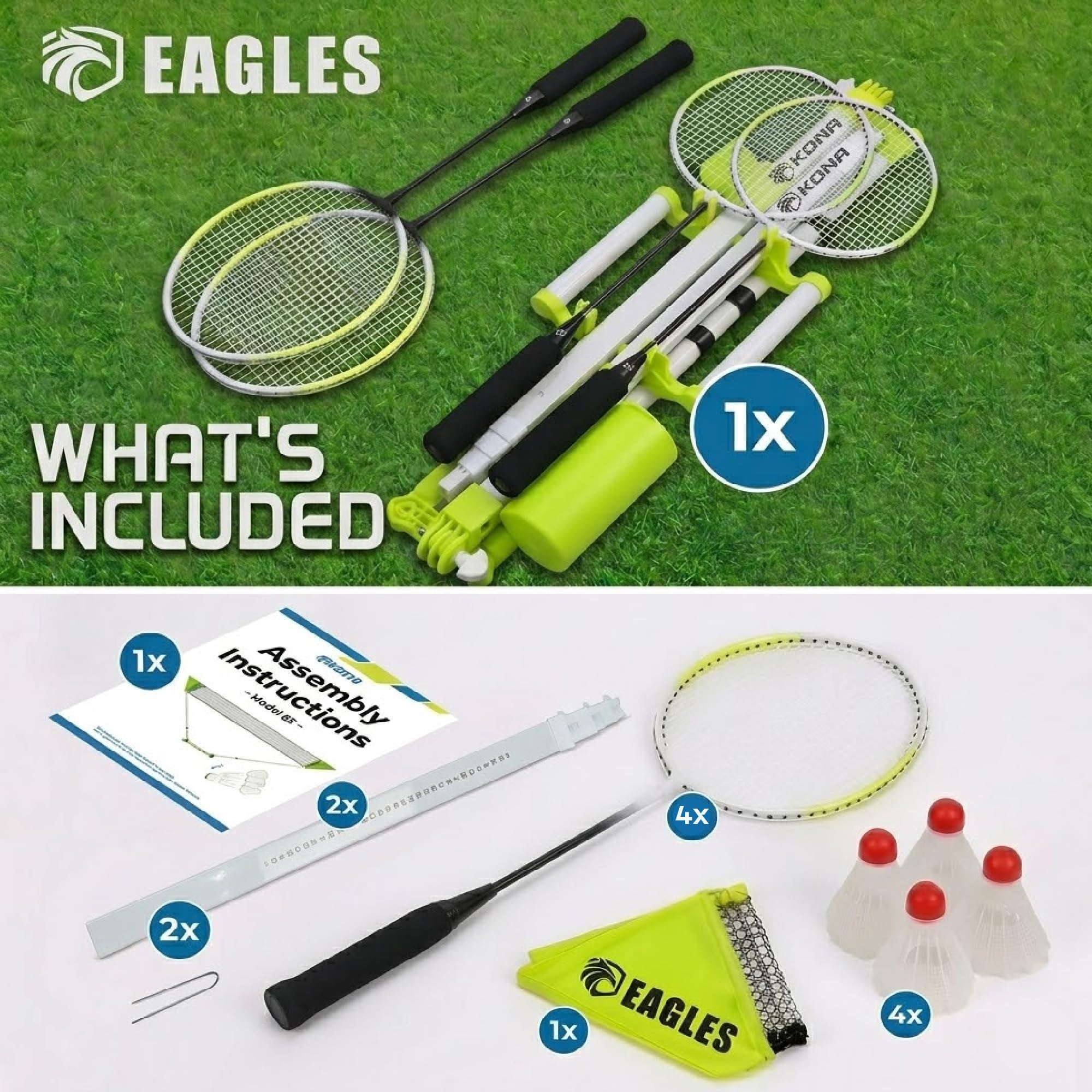 Komplettes tragbares Badminton-Set – schnelle und einfache Einrichtung – 4 Schläger, 2 Federbälle, 1 Netz & Badmington Stangenrahmen für Hinterhof, Park & Strandspiele, Indoor Outdoor