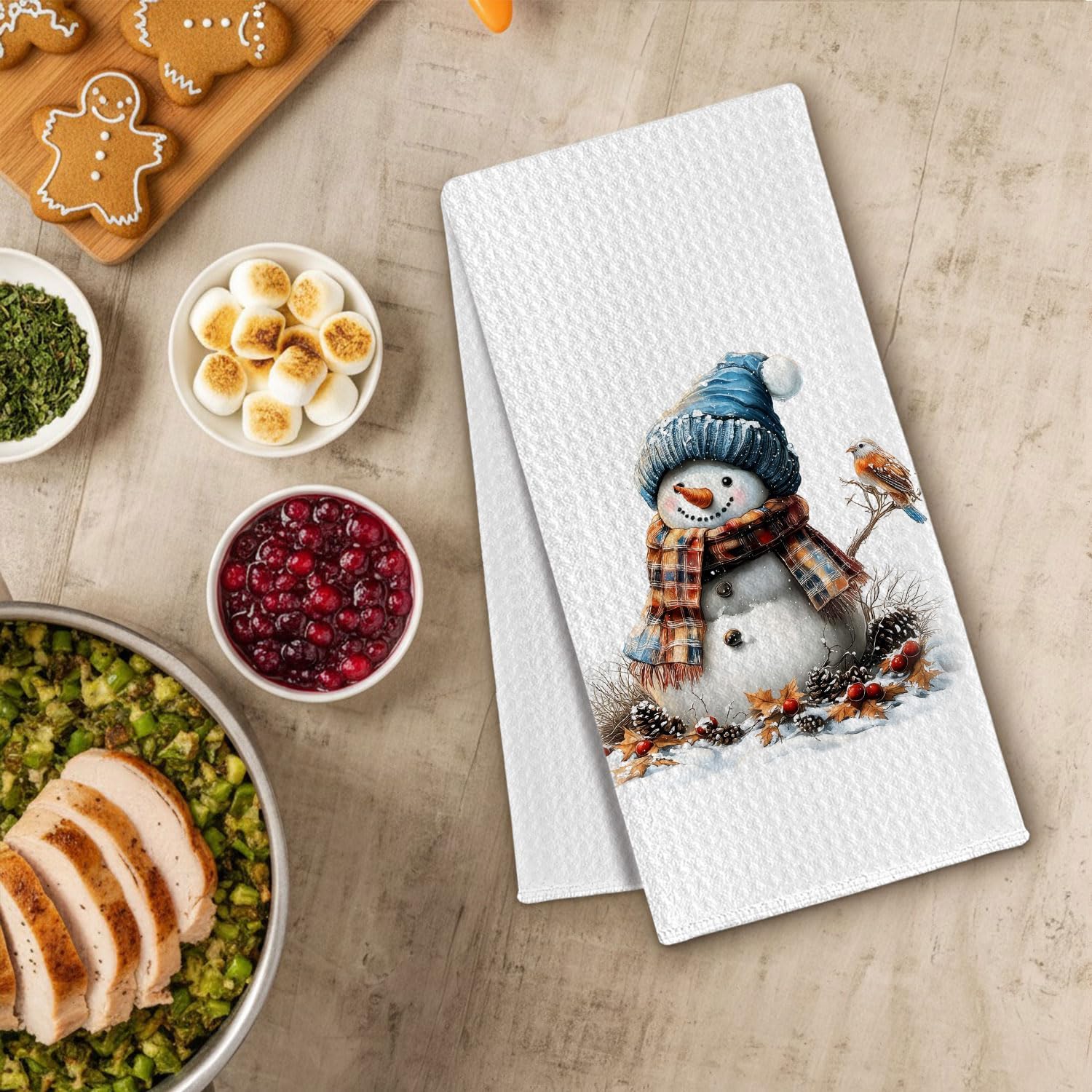 Rustic Winter Christmas Snowman Kitchen Towels, Vintage Christmas Dish Towels Drying Cloth for Kitchen, Winter Xmas Cozy Snowman Bird Decorative Hand Towel for Bathroom, 16x24 Inch - Image 3