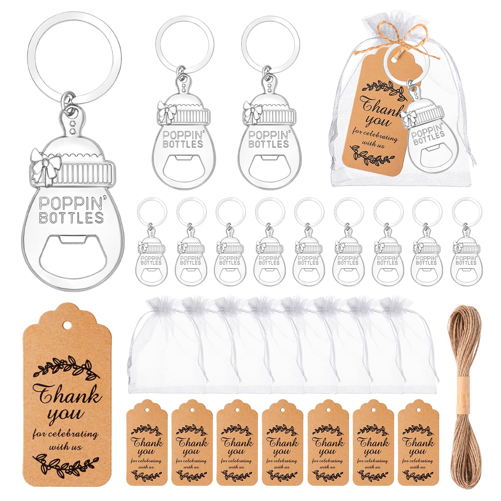 50Pcs Popping Bottle Openers Baby Shower Party Favors for Guests, Silver Bottle Opener Return Gift and Souvenirs with Organza Bags Thank You Cards for