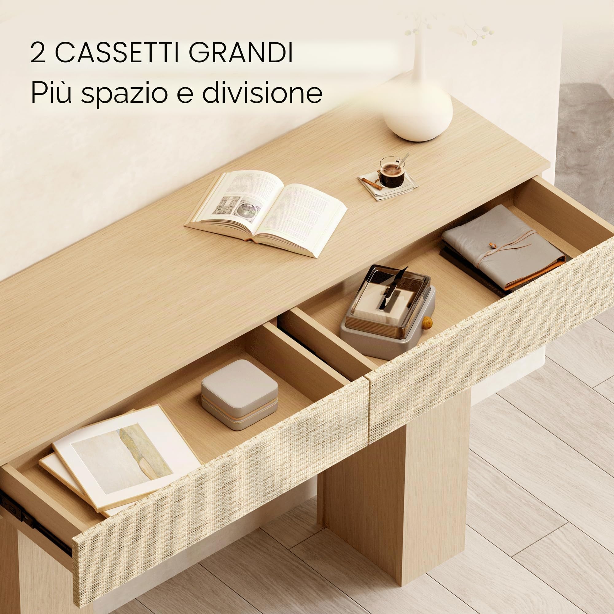 Consolle con 2 Cassetti in Rattan, 114 cm Tavolo Divano Moderno con Ripiano, Struttura in Legno Ingenierizzato per Ingresso, Soggiorno e Corridoio