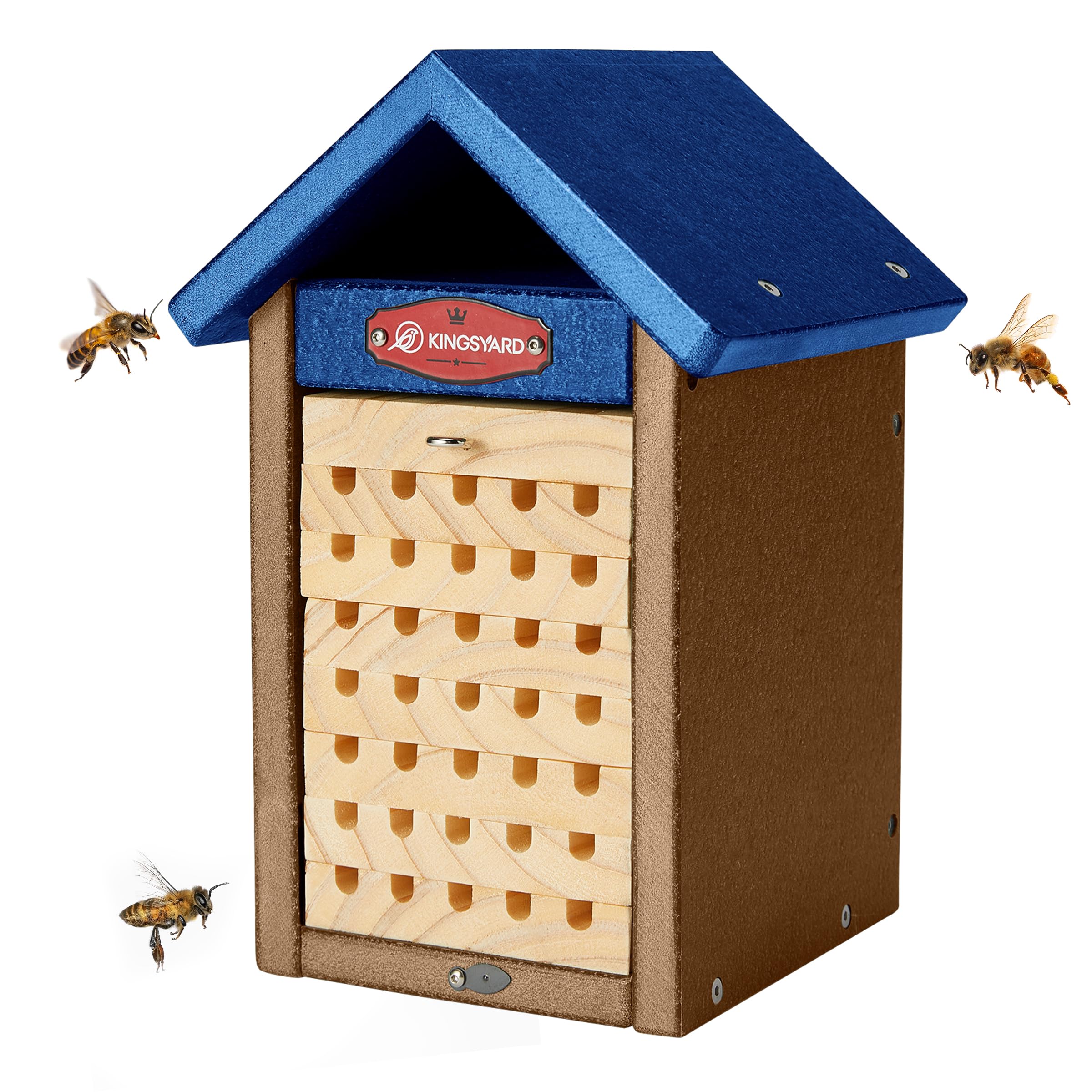 Kingsyard Mason Bee House for Garden - Durable Recycled Plastic Carpenter Bee Hive - Easy to Install & Maintain Insect Hotel for Orchard Pollination. Blue