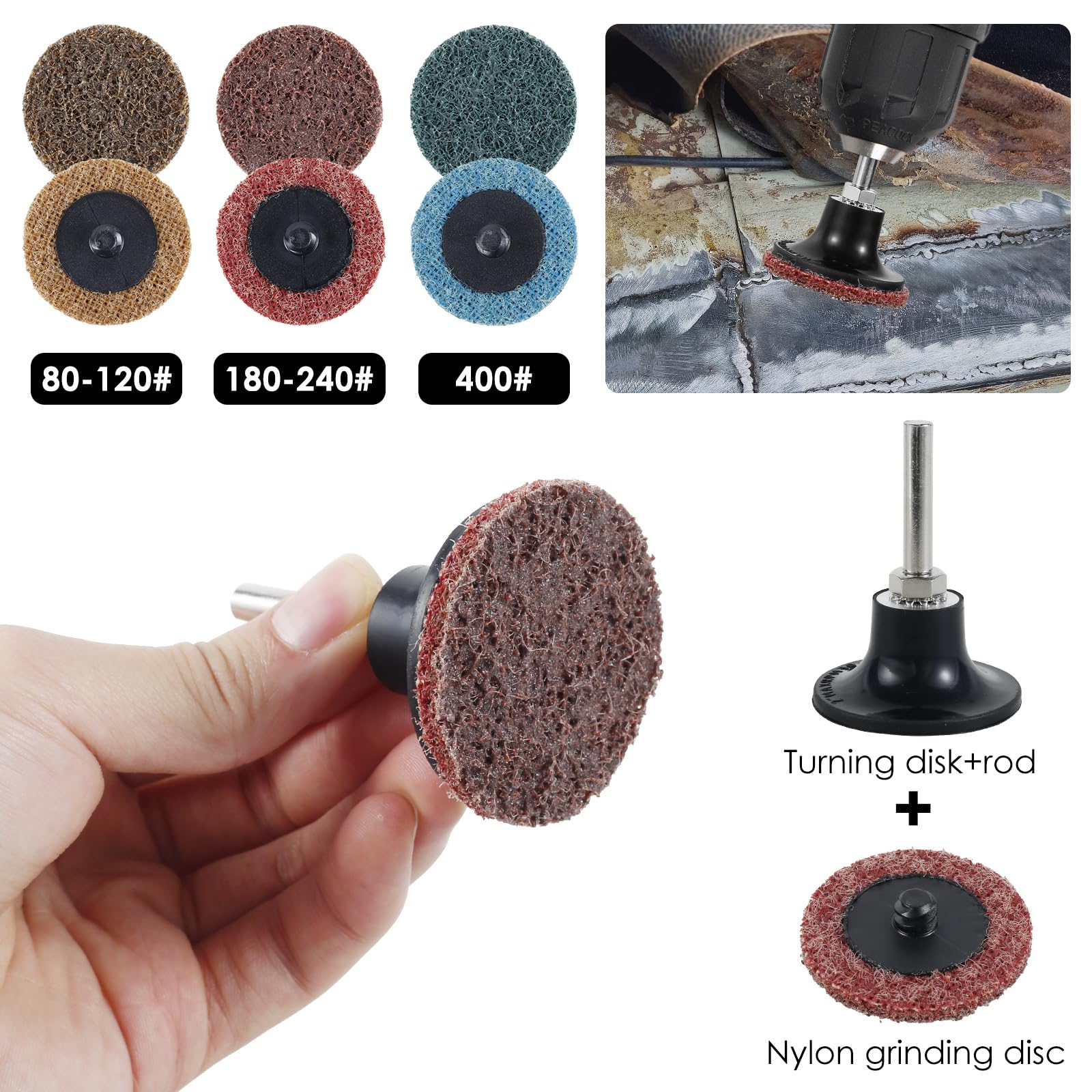 180 discos de lijado de nailon de 2 pulgadas con grano fino, medio y grueso y dos soportes de 1/4 pulgadas. Ideal para desbarbar y lijar plástico, vidrio y más. Fácil de cambiar para un