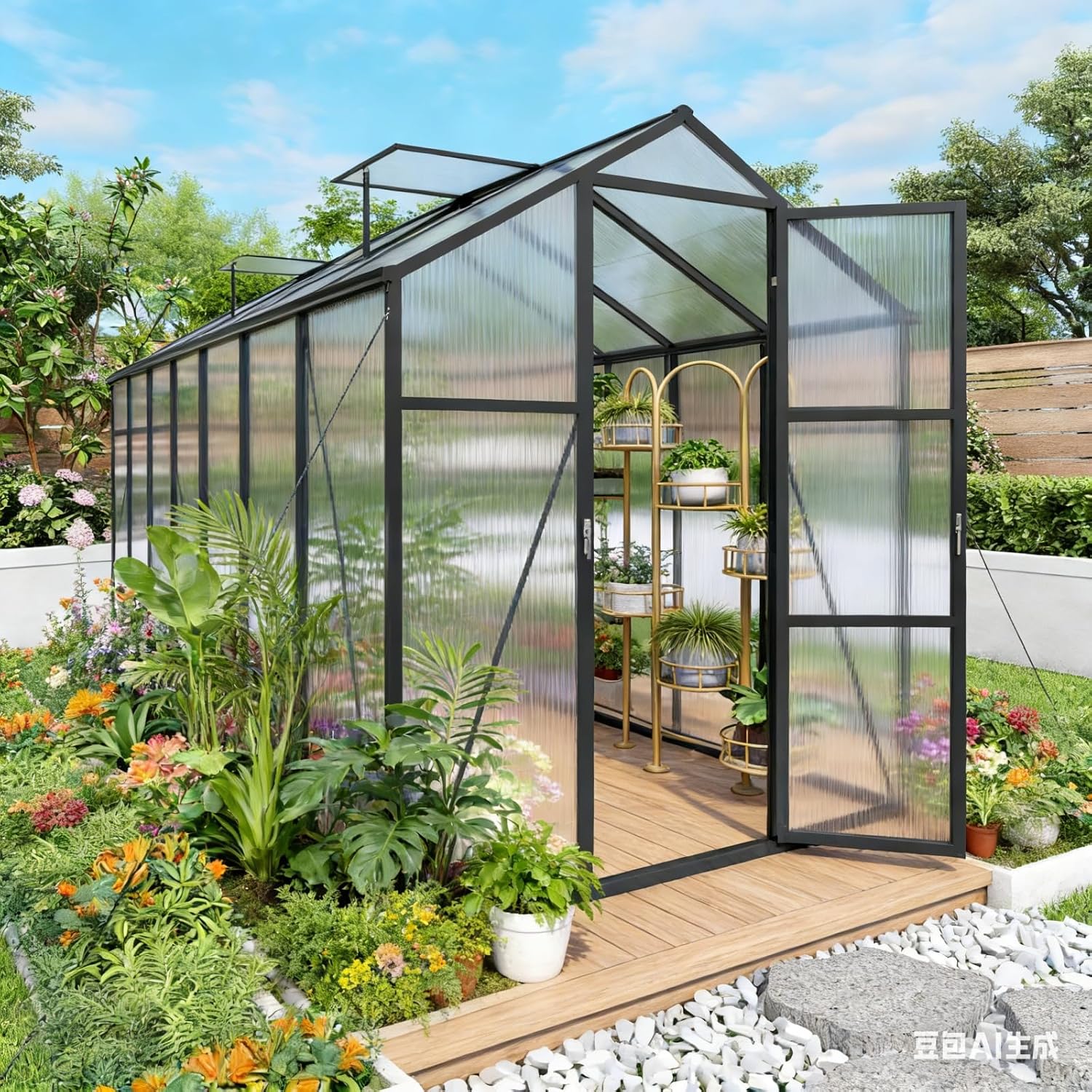 6x10 FT Greenhouse, Walk-in Heavy Duty Polycarbonate Outdoor Greenhouses with Raised Base & Anchor, Height-Enhanced Aluminum Frame, & Drainage System for Backyard All Season Growing, Black