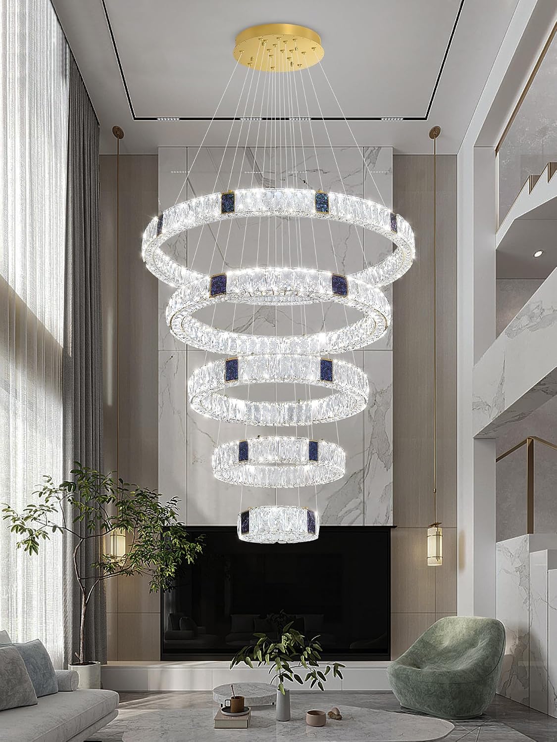 Modern Extra Large 5 Ring Chandelier LED Gold Ring Chandelier Lighting,High Ceiling Chandeliers for Foyer Staircase D7.9''+15.7''+23.6''+32''+40''