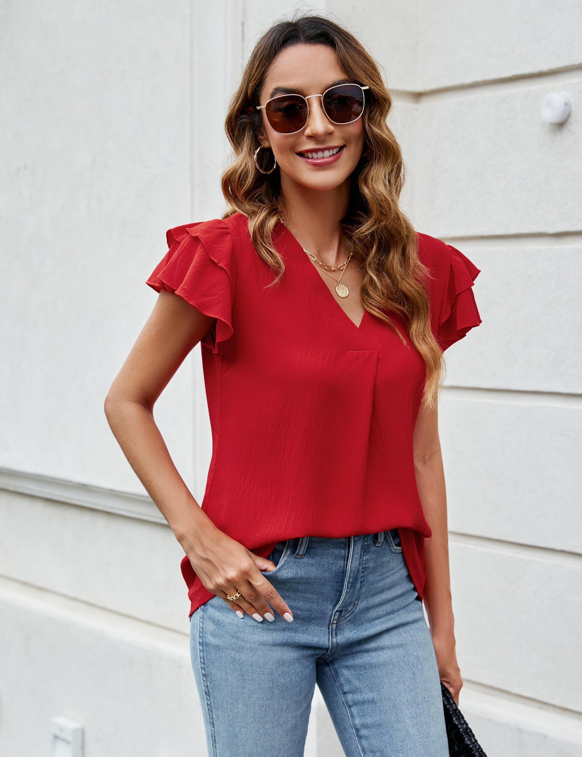 Camicetta da donna in chiffon, estiva, a maniche corte, con scollo a V, casual, elegante, da lavoro