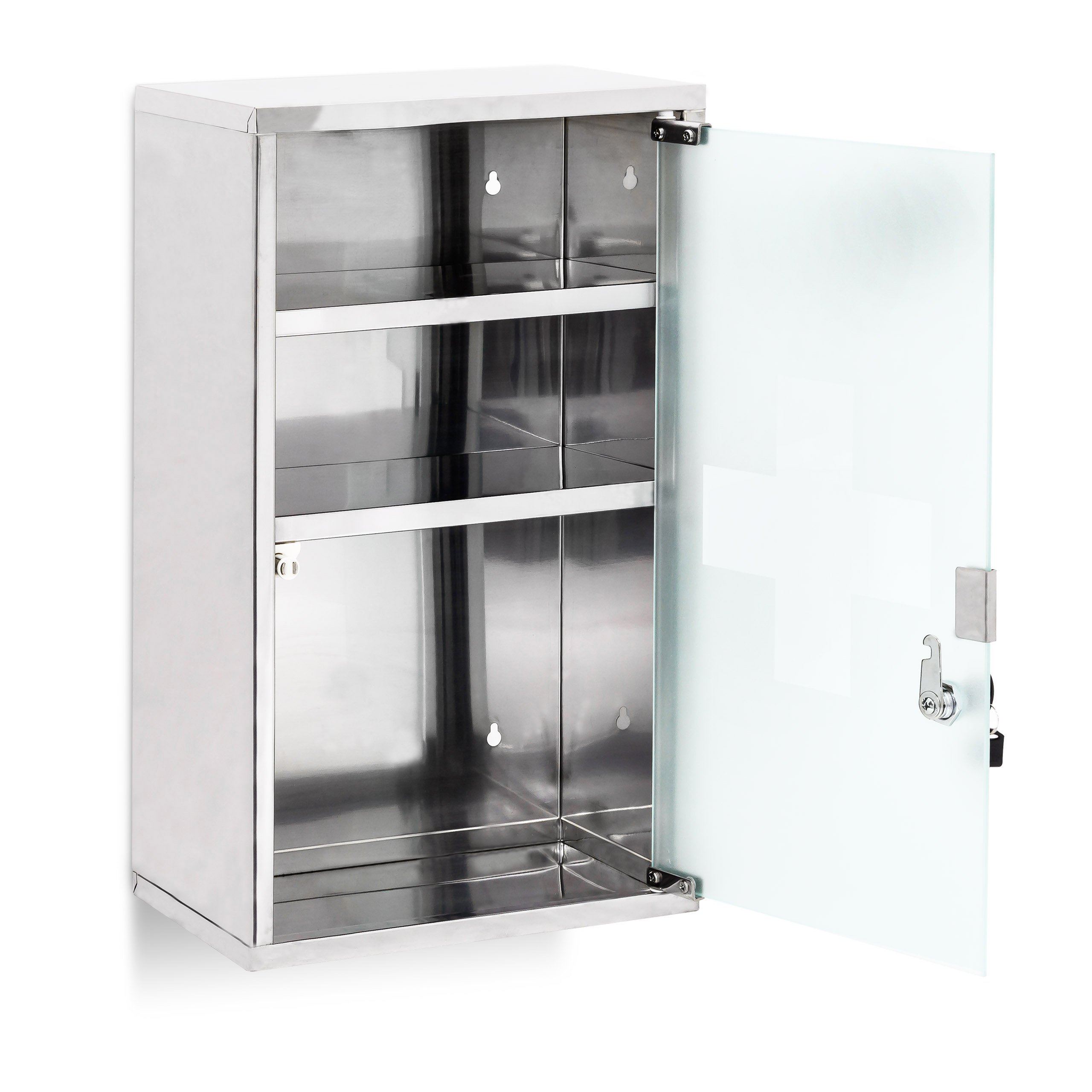 Relaxdays 10019093 Armoire à pharmacie étagère rangement médicaments 3 étages HxlxP : 50,5 x 30 x 18 cm porte en verre clés sécurité enfants Inox, argenté