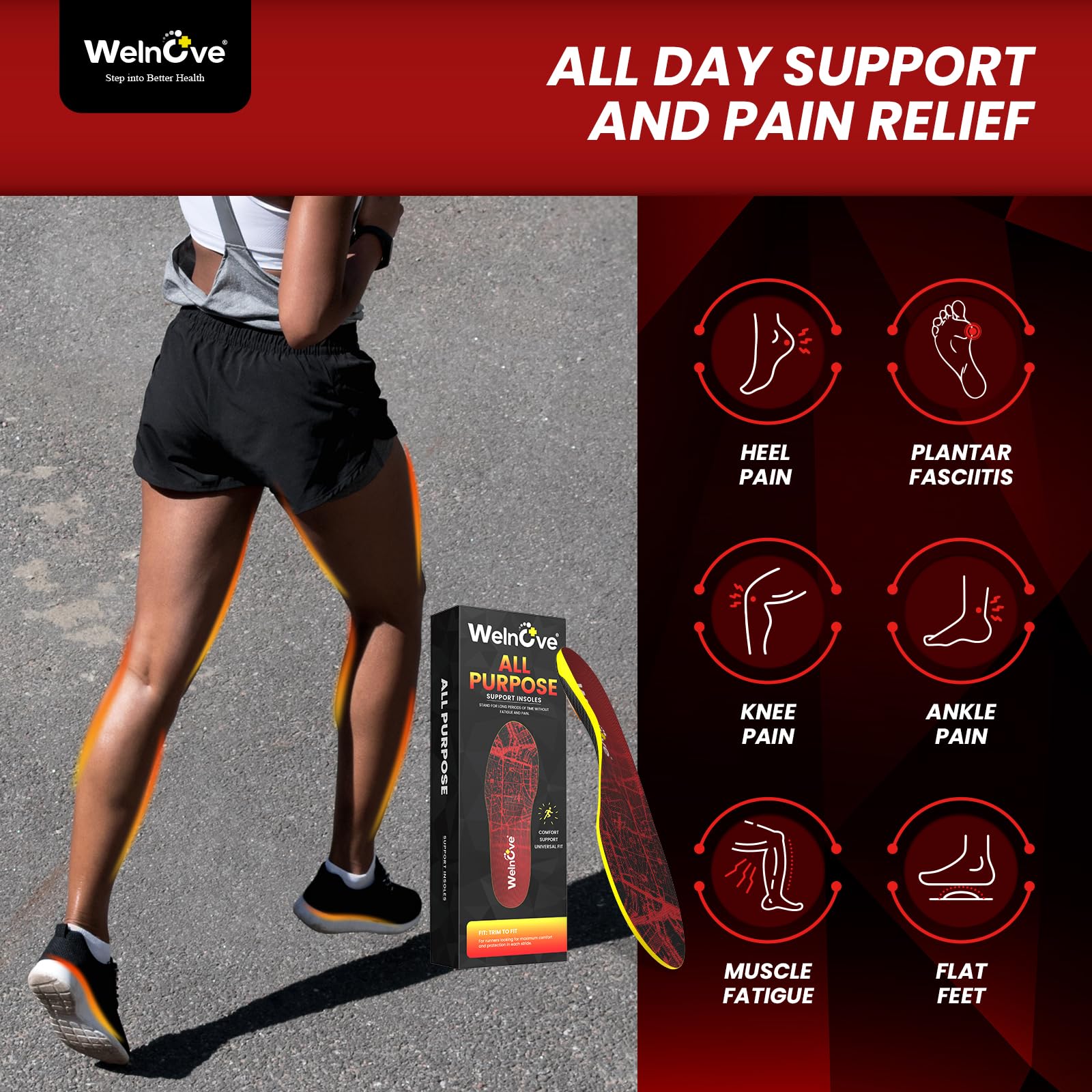 Walk Comfort Insoles - Welnove Pain Relief Insoles with Arch Support Cushion Inserts for Walking, Work & Travel - All-Day Comfort for Standing on Feet,Anti Fatigue - XL